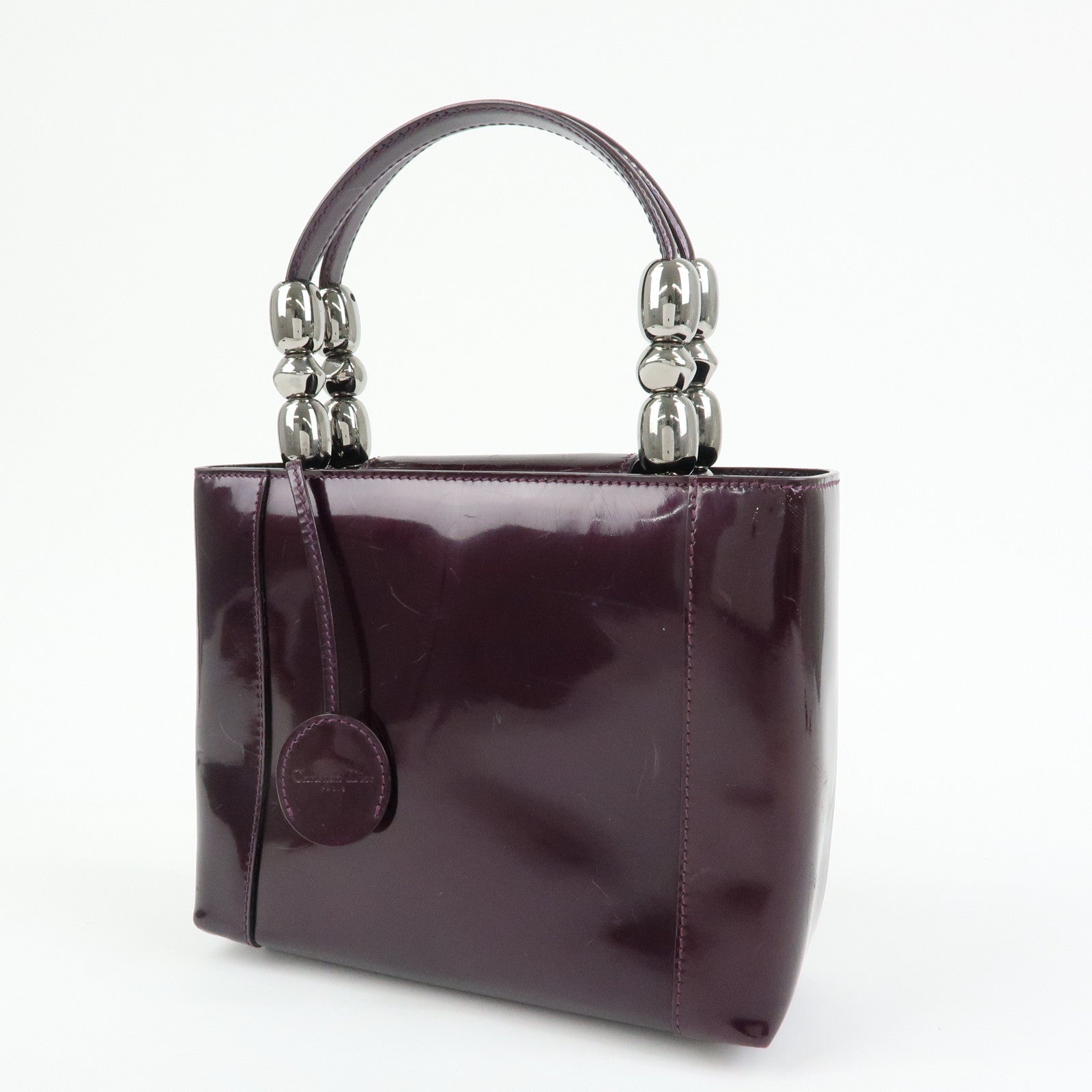 Christian Dior Maris Pearl Patent Leather Tote Bag Hand Bag Purple