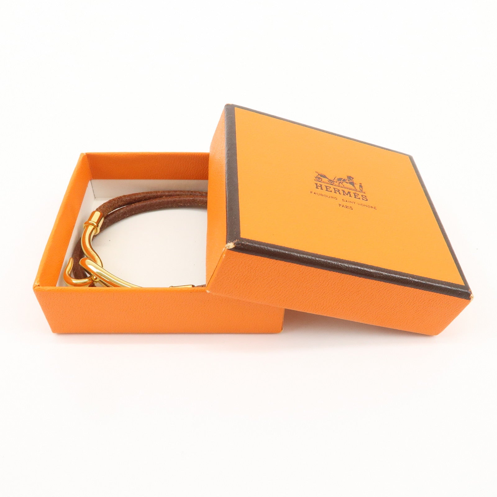 HERMES Logo Leather Jumbo Choker Bracelet Brown