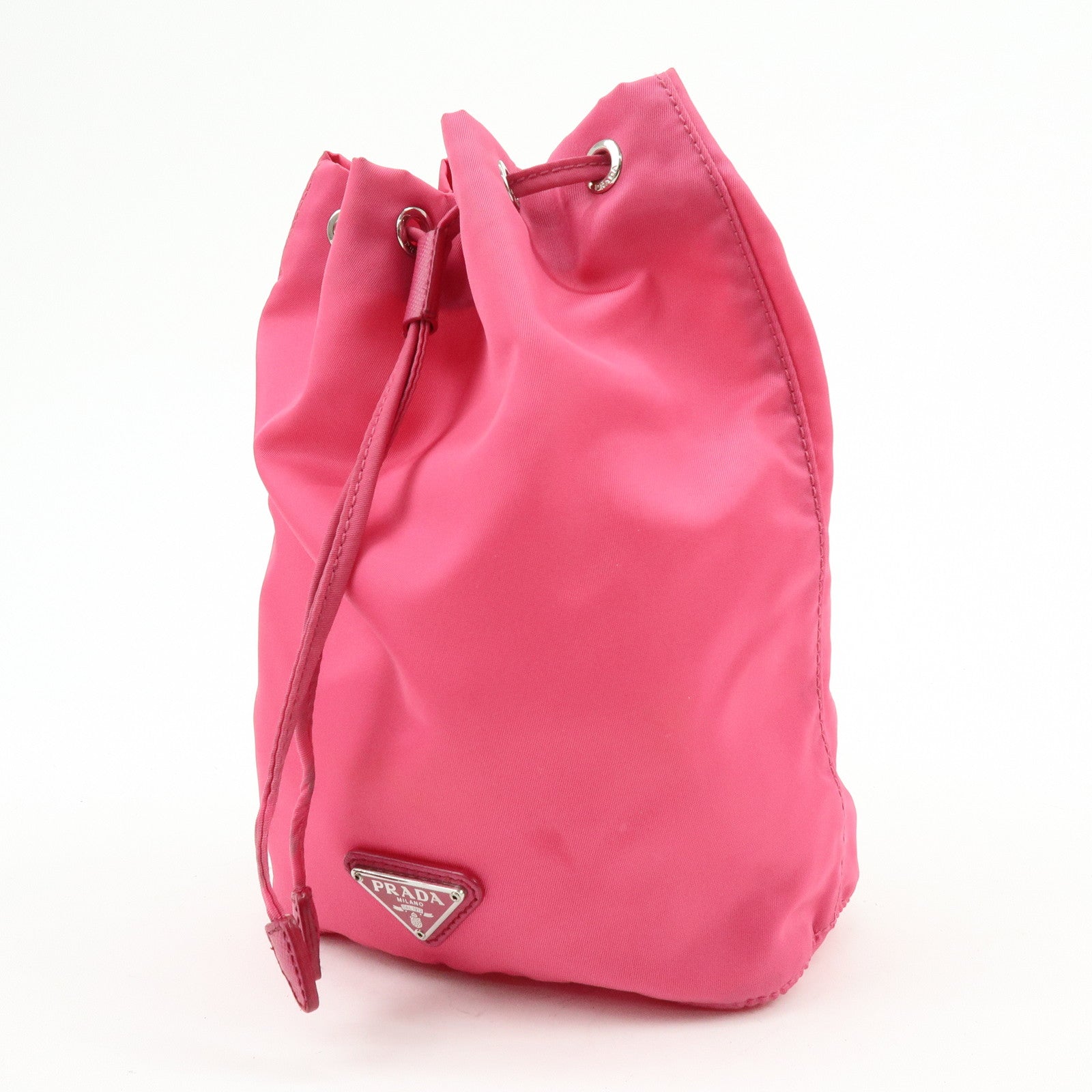 PRADA Triangle Logo Nylon Leather Drawstring Pouch Pink 1N0369