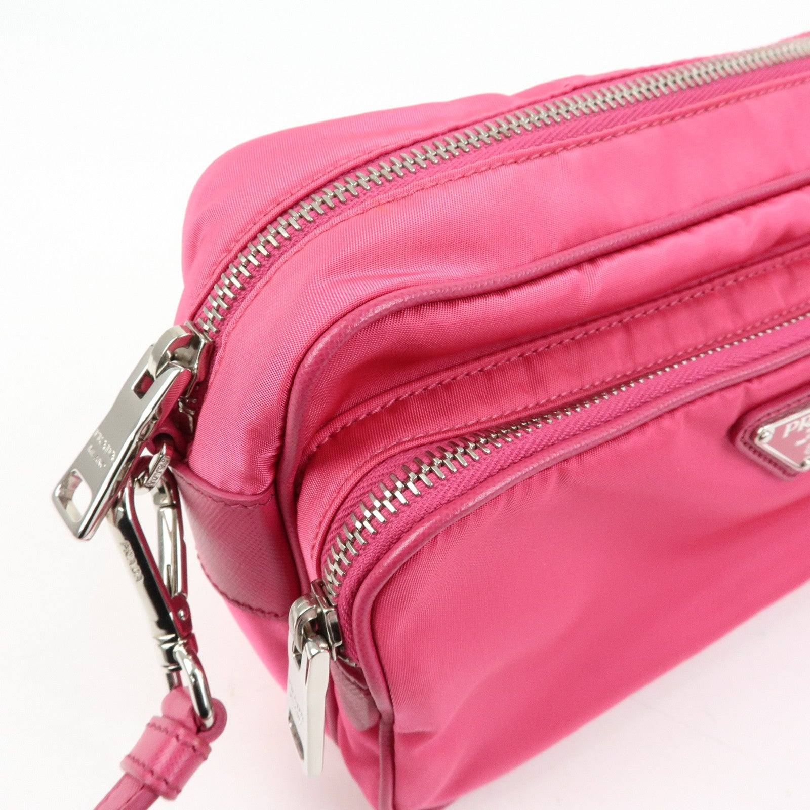PRADA Triangle Logo Nylon Saffiano Leather Shoulder Bag Pink BT1010