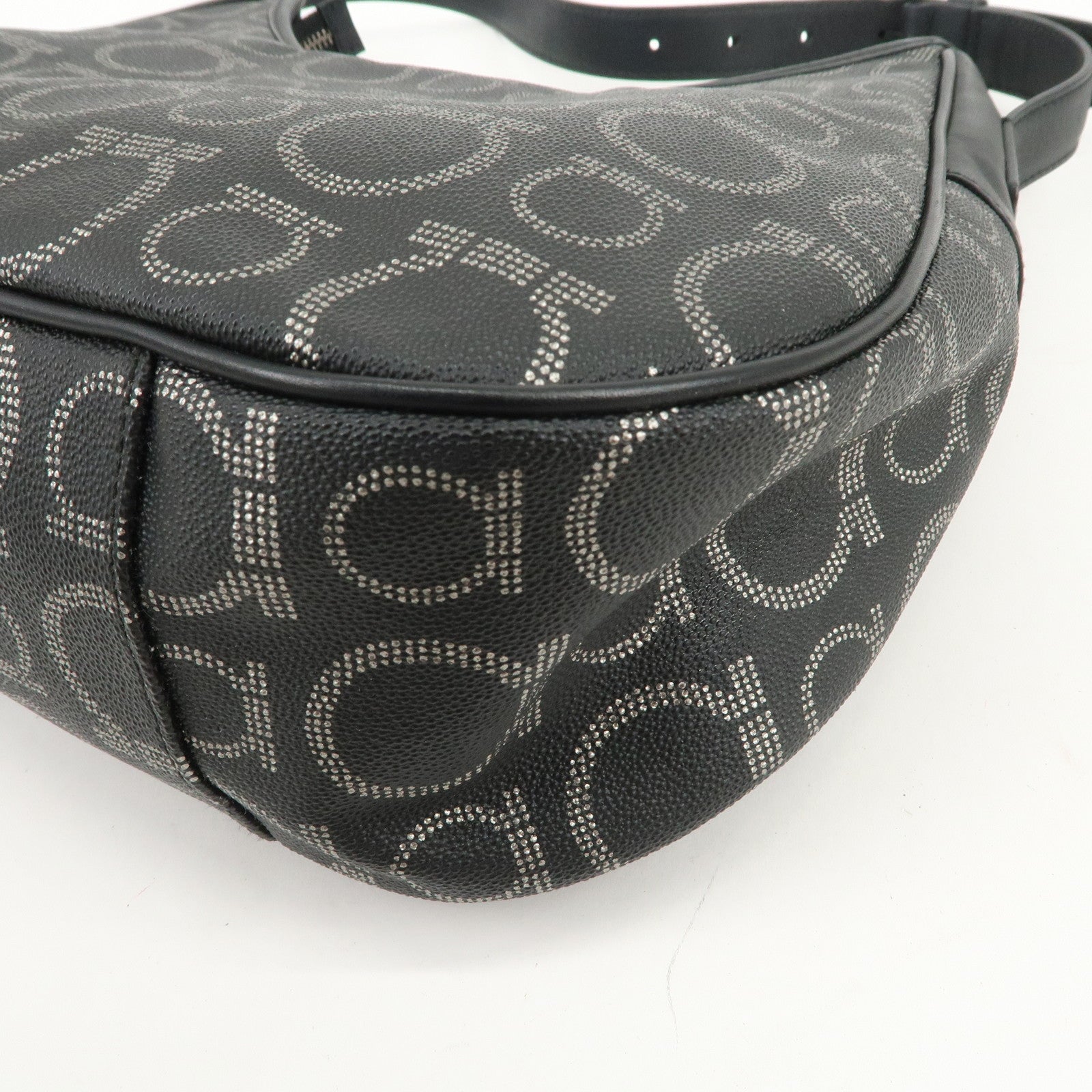 Ferragamo Gancini Logo PVC Leather Shoulder Bag Hand Bag Black