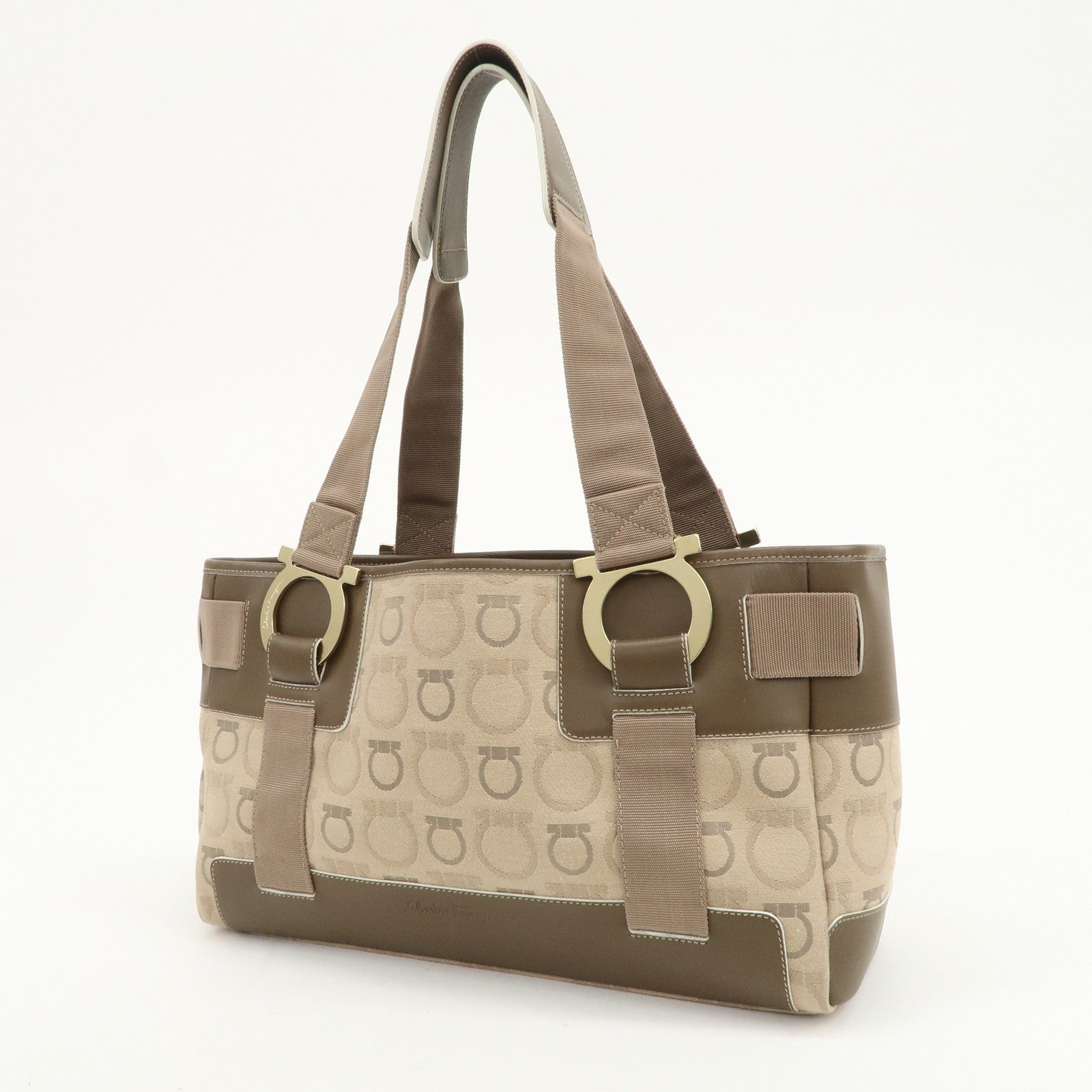 Ferragamo Gancini Canvas Leather Tote Bag Shoulder Bag Beige Brown