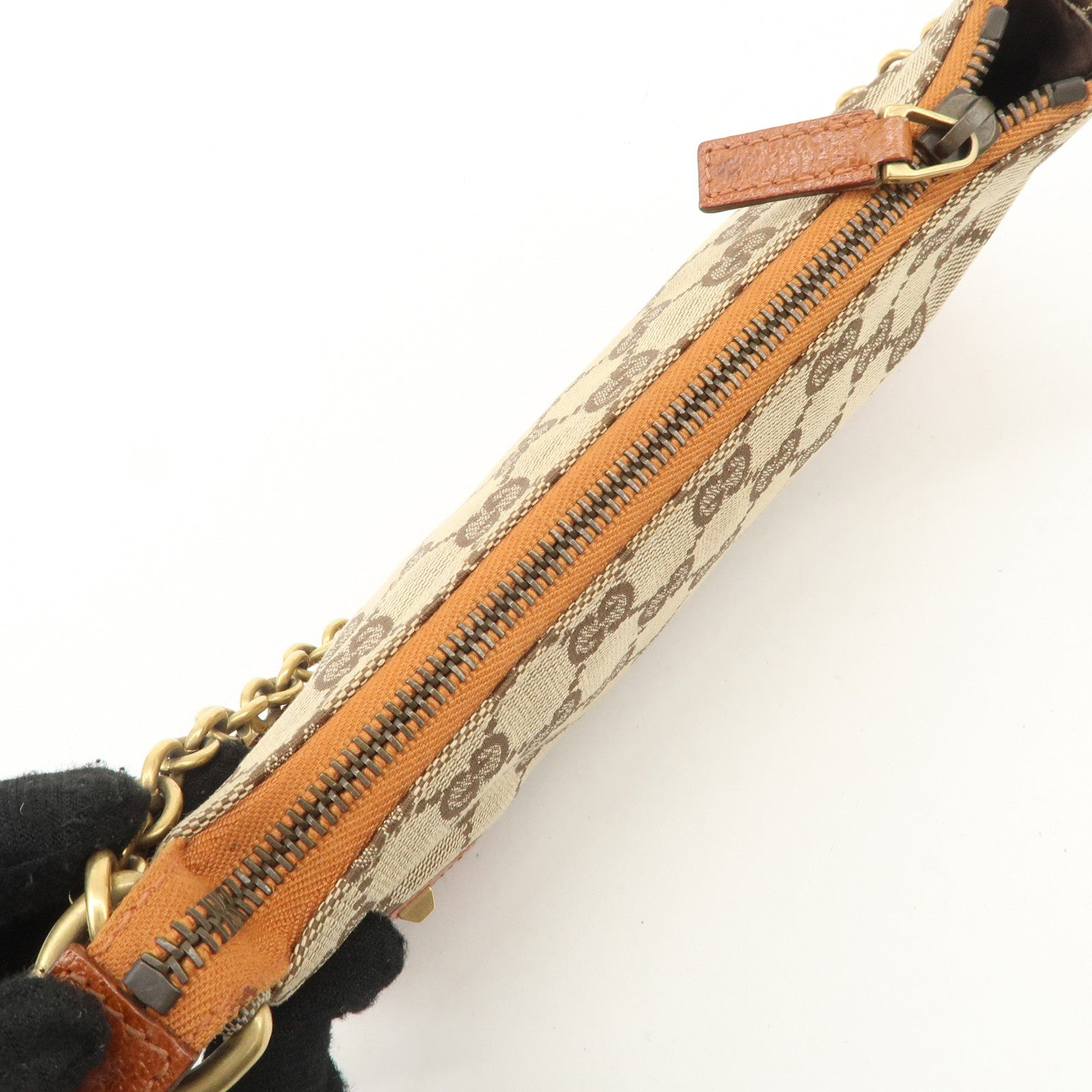 GUCCI GG Canvas Leather Chain Hand Bag Pouch Beige Brown 120940 Used