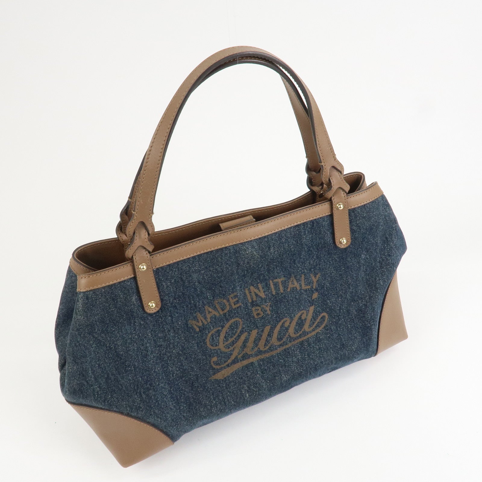 GUCCI Craft Denim Leather Tote Bag Hand Bag Navy Brown 348715