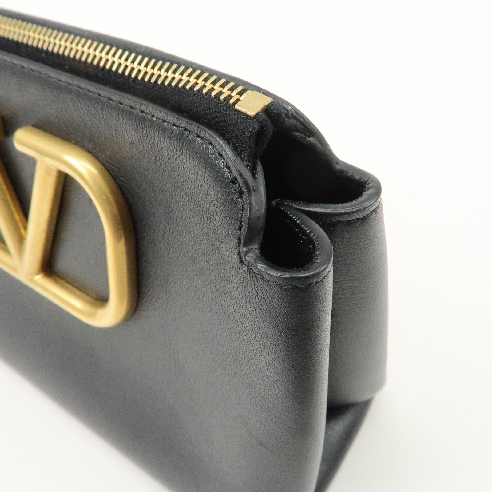 VALENTINO Leather Pouch Clutch Bag Black Gold Hardware