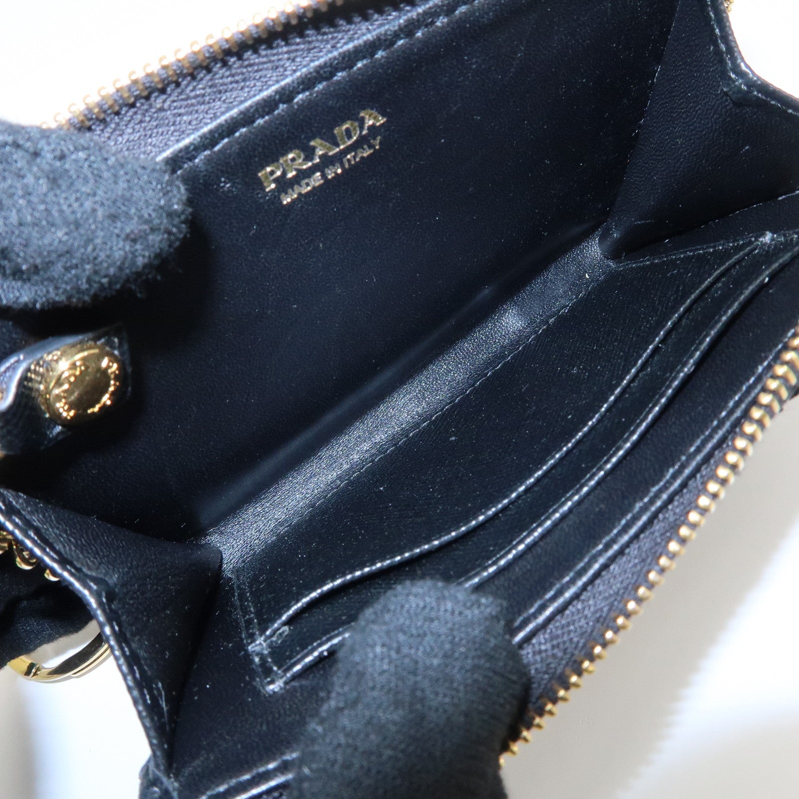 PRADA Triangle Logo Saffiano Leather Mini Wallet Key Ring Black 1PP122 Used