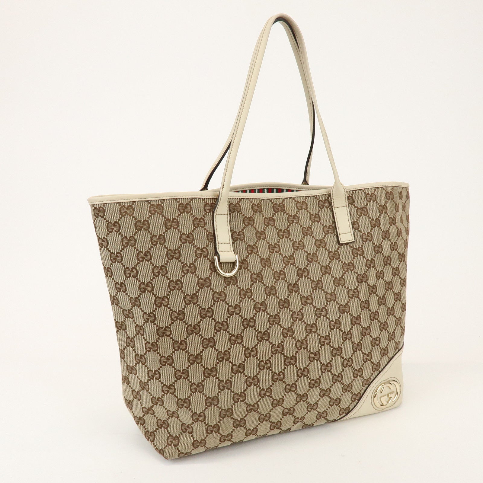 GUCCI New Britt GG Canvas Leather Tote Bag Beige White 169945