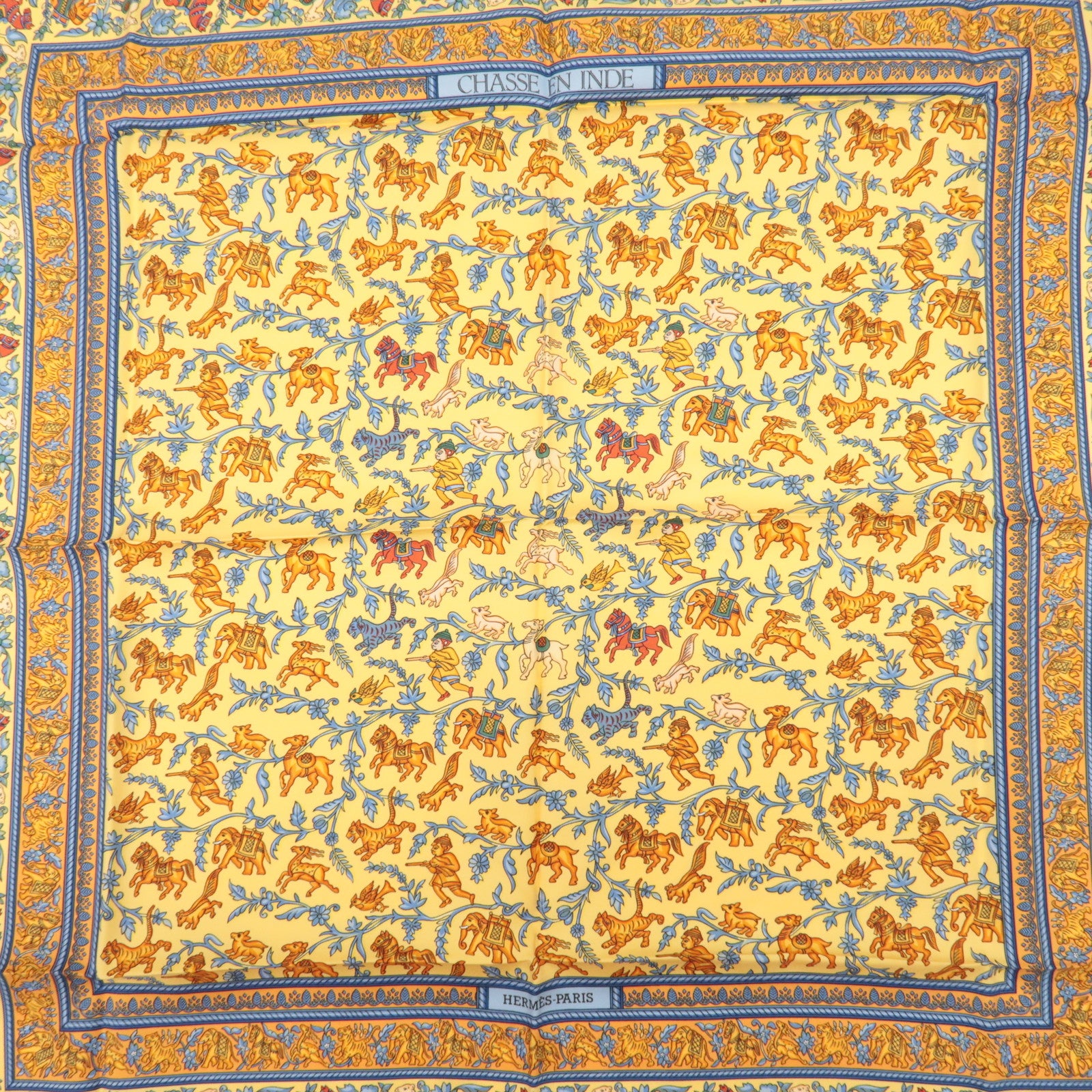 HERMES Carre 90 Silk 100% Scarf CHASSE EN INDE Orange Multicolor Used