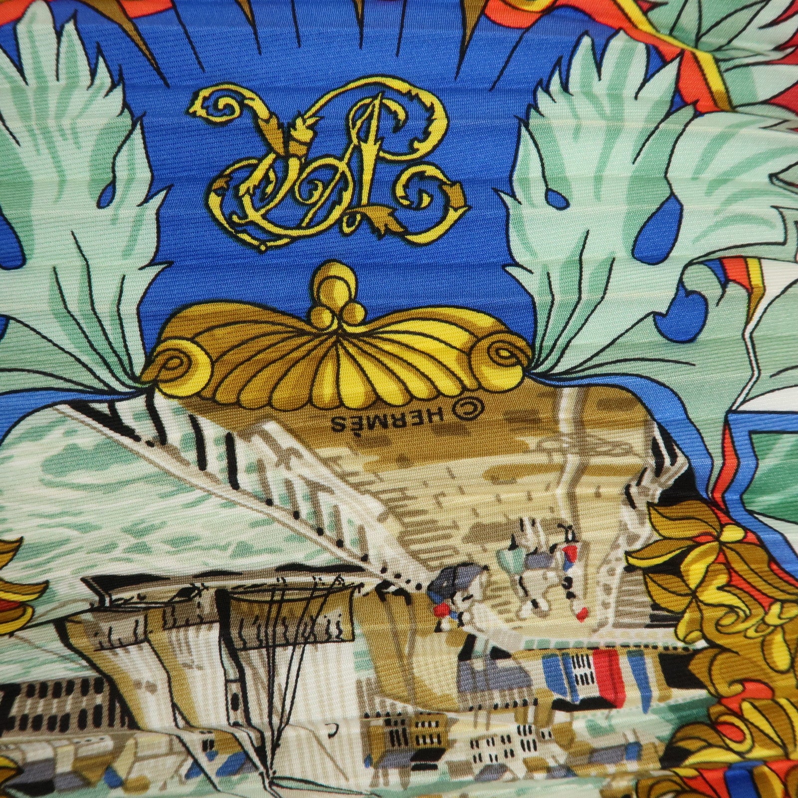 HERMES Pleated Carre Silk 100% Scarf L'ENTENTE CORDIALE Red Blue