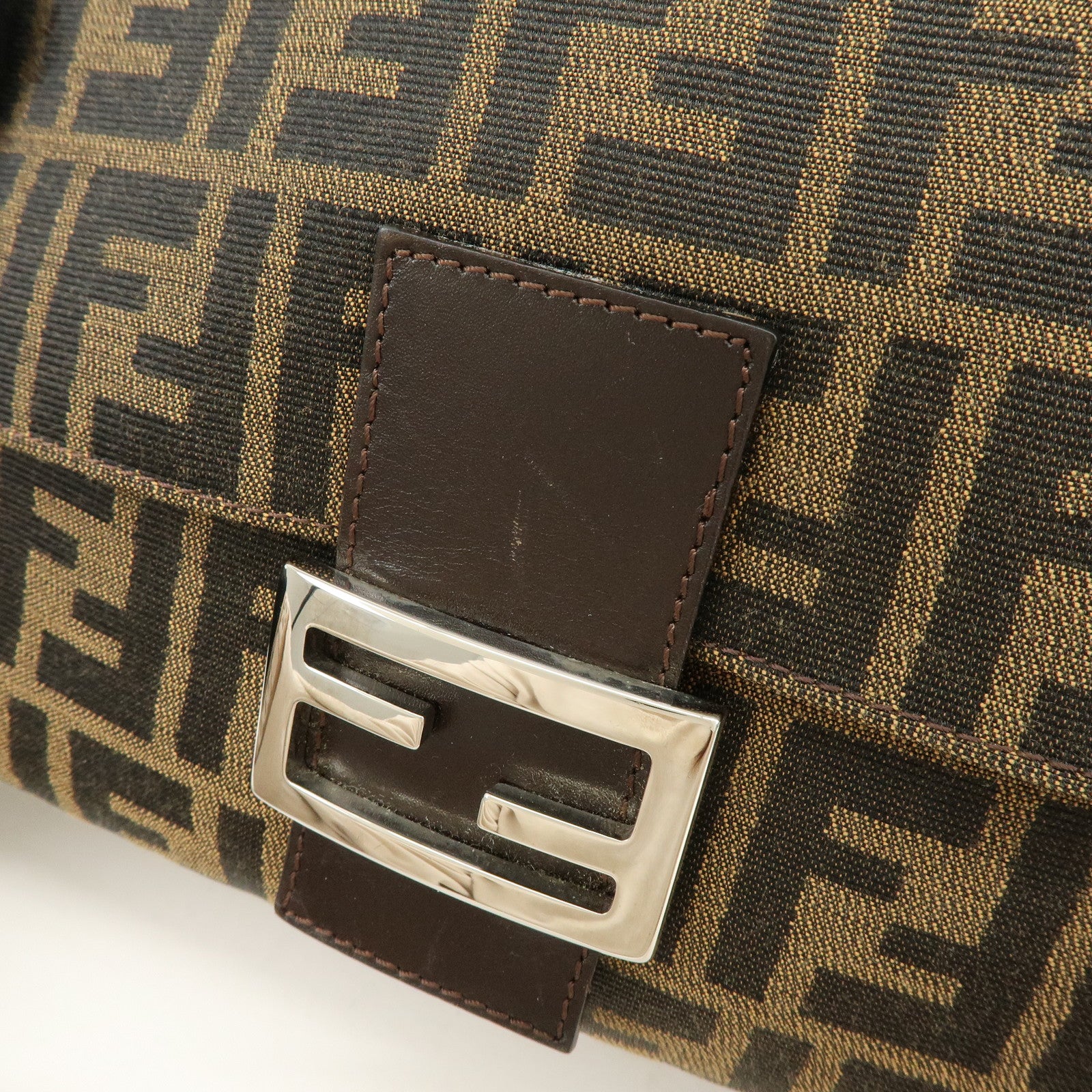 FENDI Mamma Baguette Zucca Canvas Leather Shoulder Bag Brown 26325