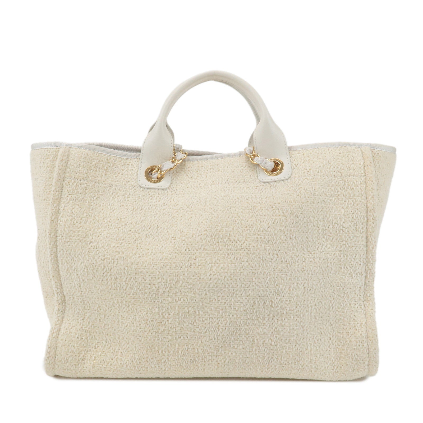 CHANEL Deauville 2Way Leather Tweed Tote Shoulder Bag Ivory Used
