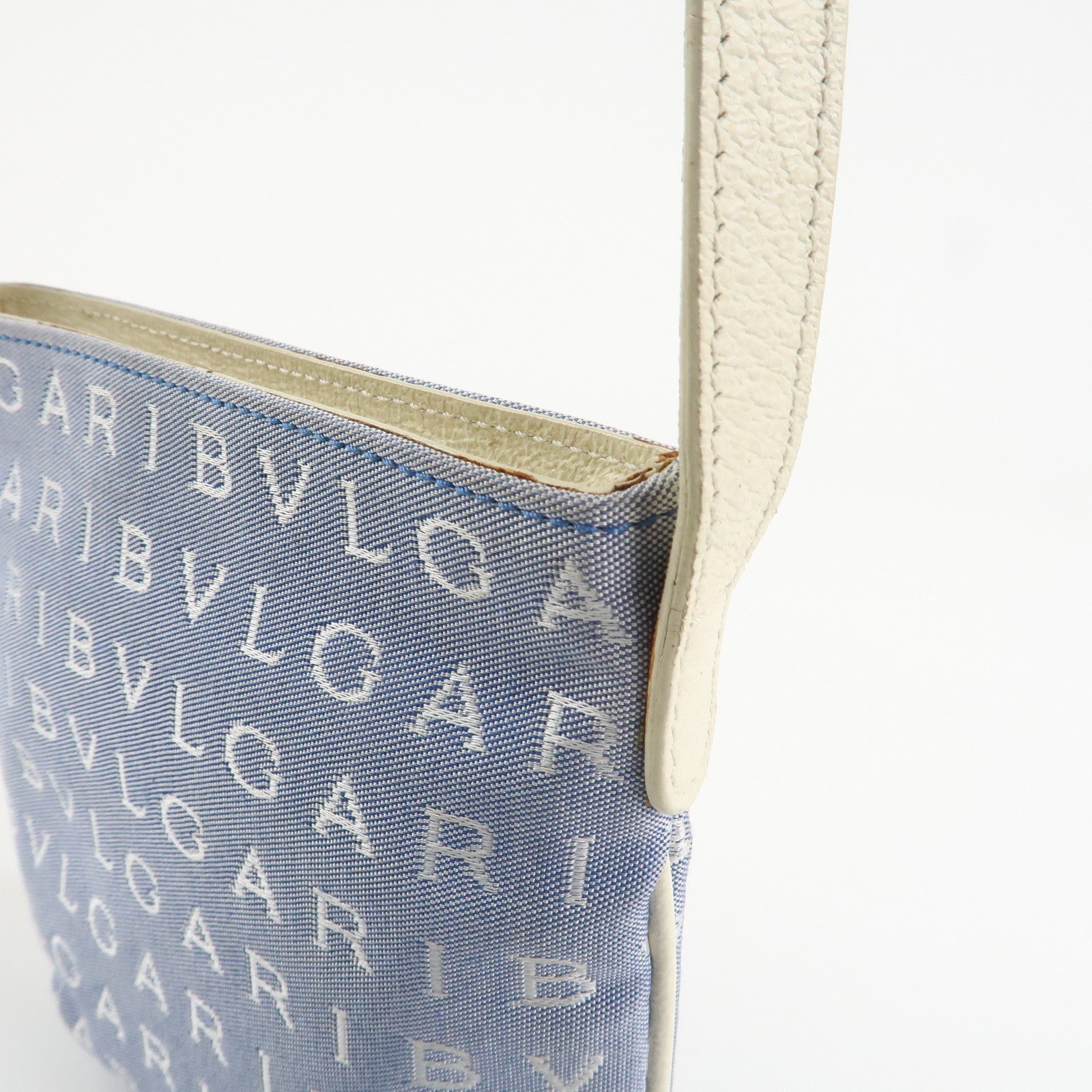 BVLGARI Logo Mania Leather Canvas Shoulder Bag Ivory Light Blue Used