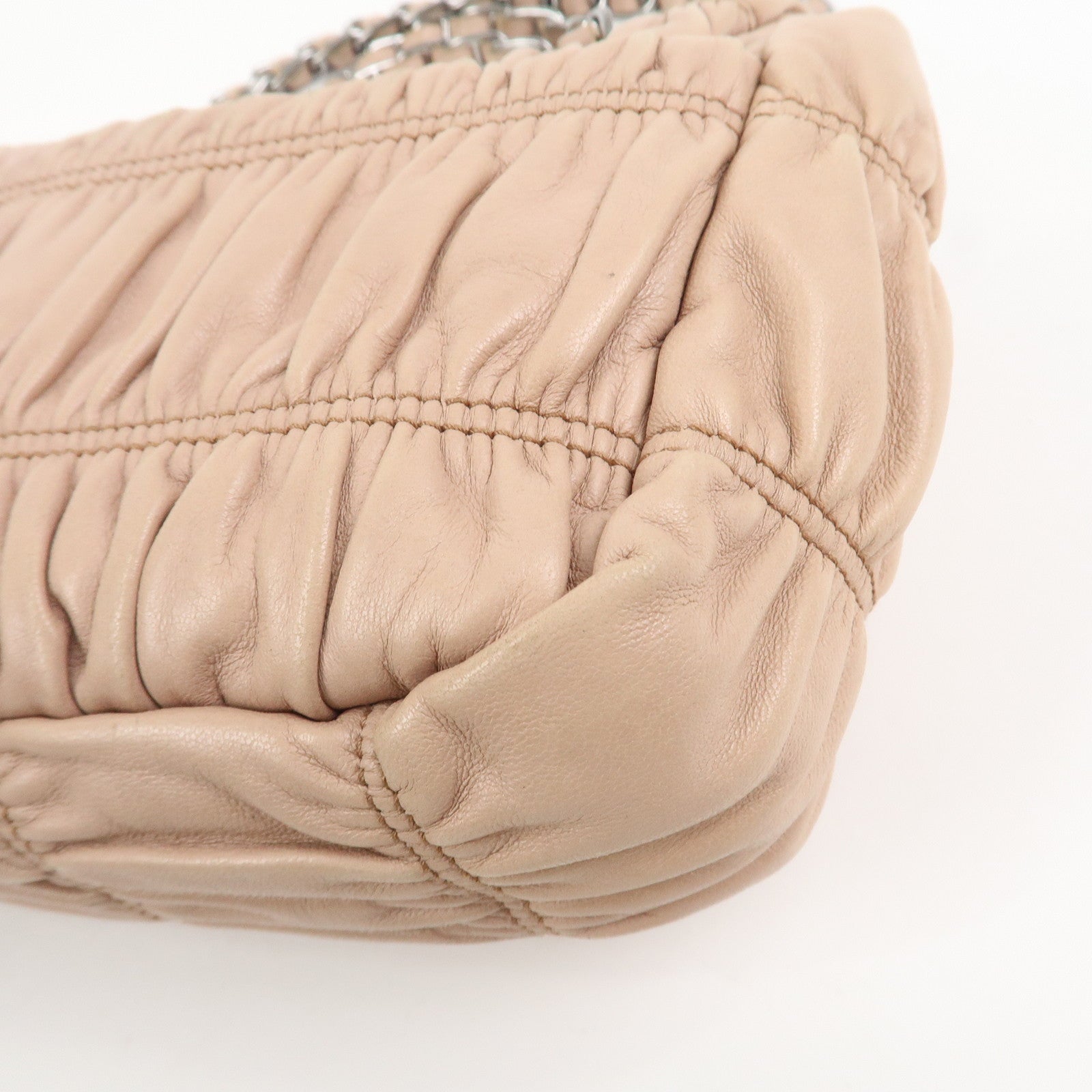 PRADA Leather Gathered Chain Shoulder Bag Pink Beige B4695C