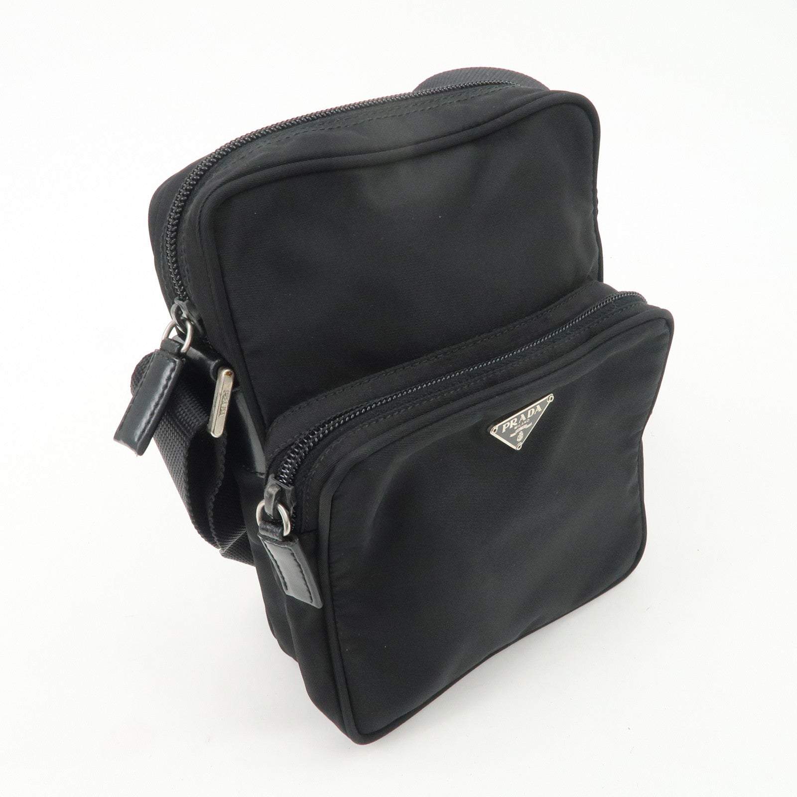 PRADA Triangle Logo Leather Nylon Shoulder Bag Black BT0169