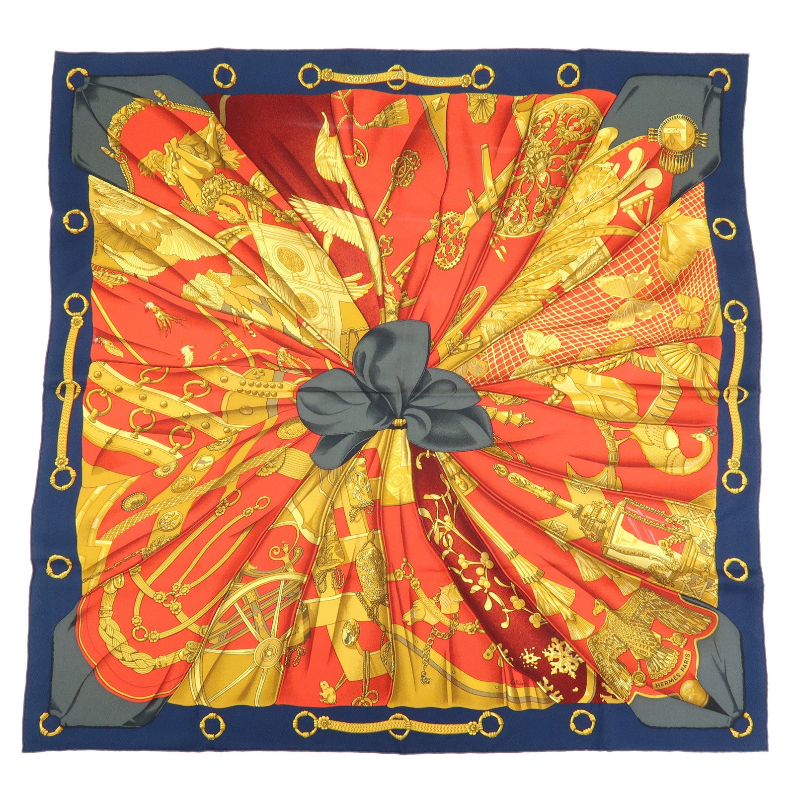 HERMES Carre 90 Silk 100% Soleil de Soie Scarf Red Yellow