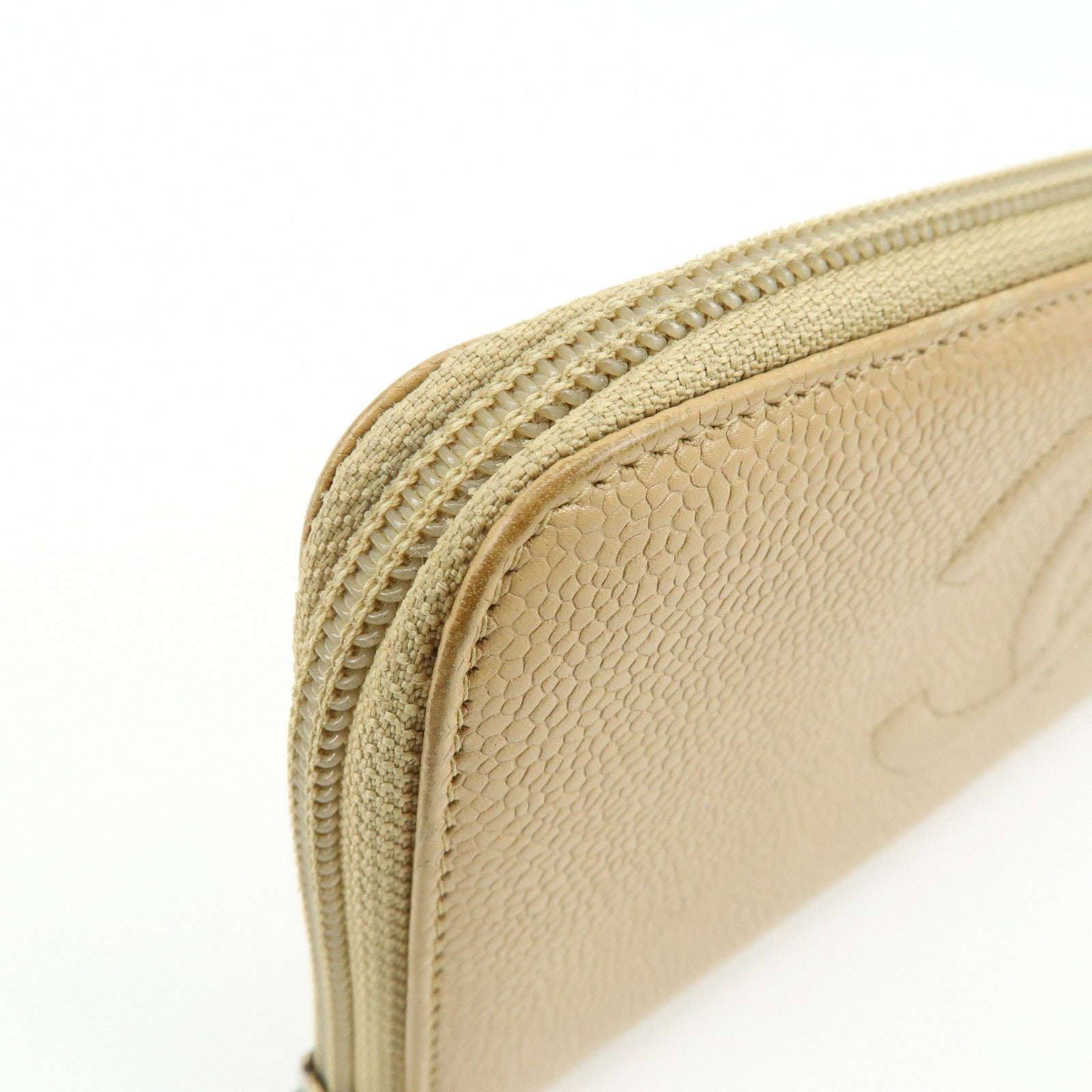CHANEL Caviarskin Round Zippy Wallet Long Wallet Beige A13228