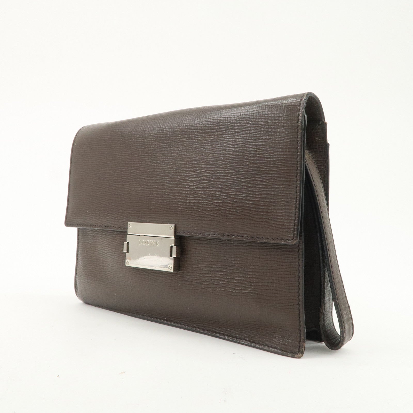 LOEWE Leather Clutch Bag Brown Silver HDW