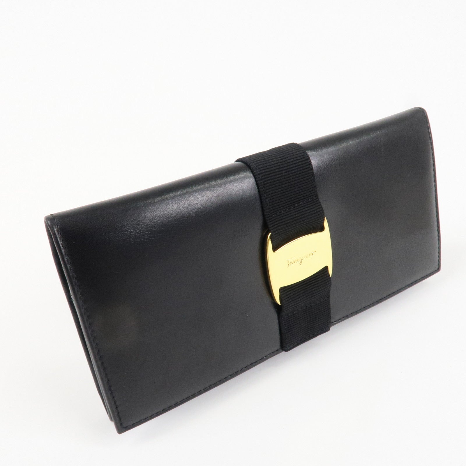 Ferragamo Vara Ribbon Leather Bi-fold Long Wallet Black Gold HDW Used