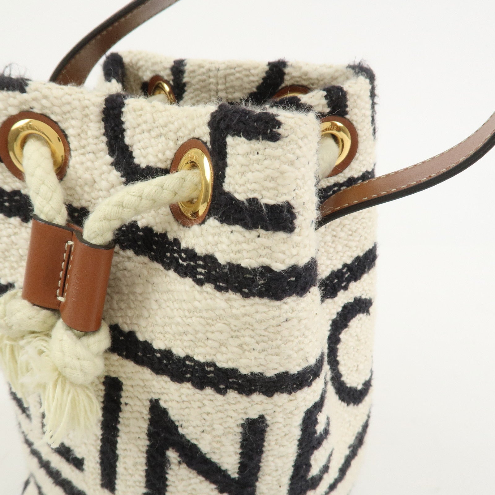 CELINE Teen Drawstring Canvas Leather Hand Bag Natural Brown