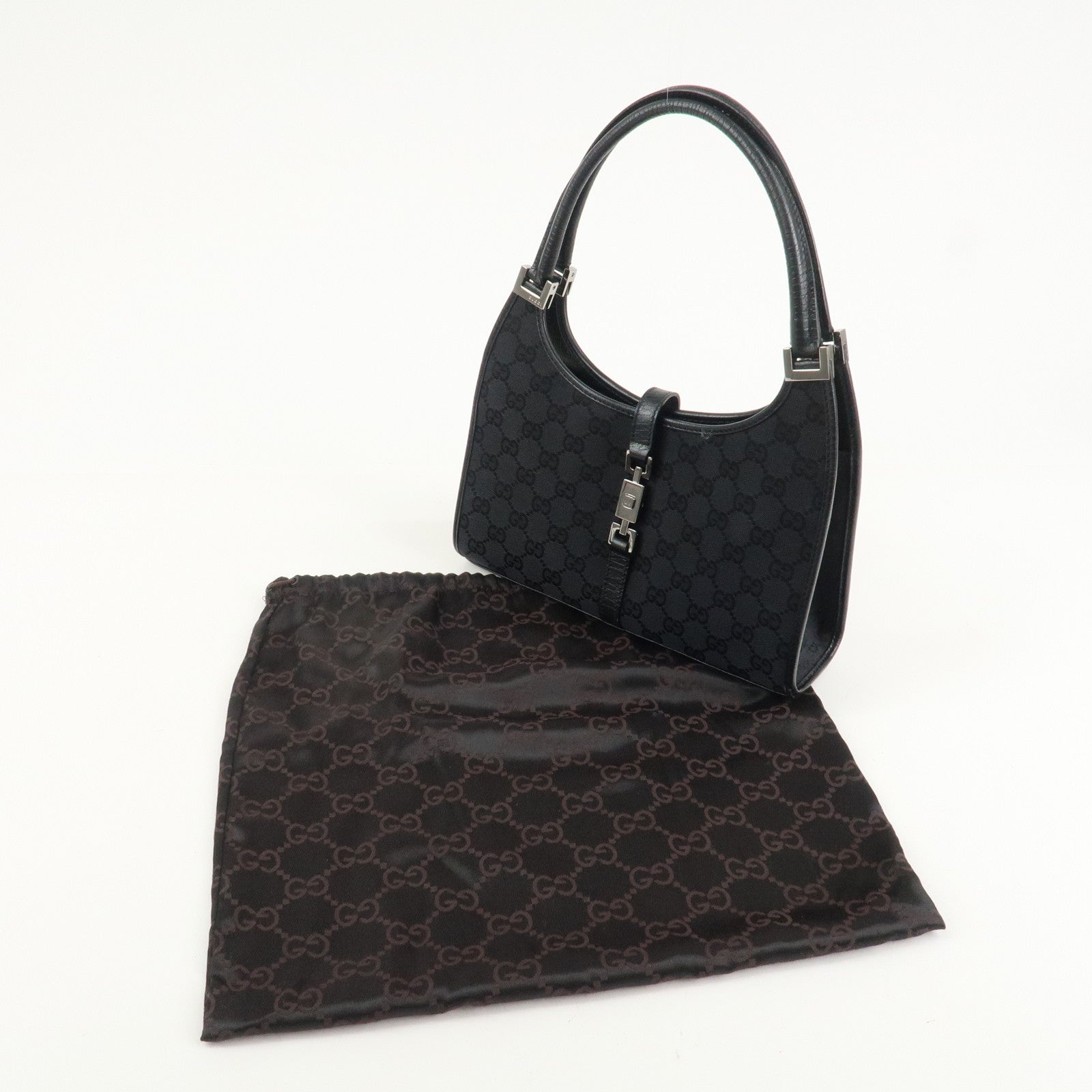 GUCCI Jackie GG Canvas Leather Shoulder Bag Hand Bag Black 01721 Used