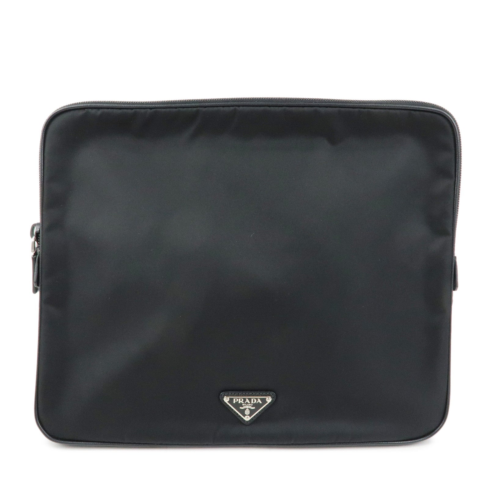 PRADA Triangle Logo Tessuto Nylon Leather Clutch Bag Black 04MA795