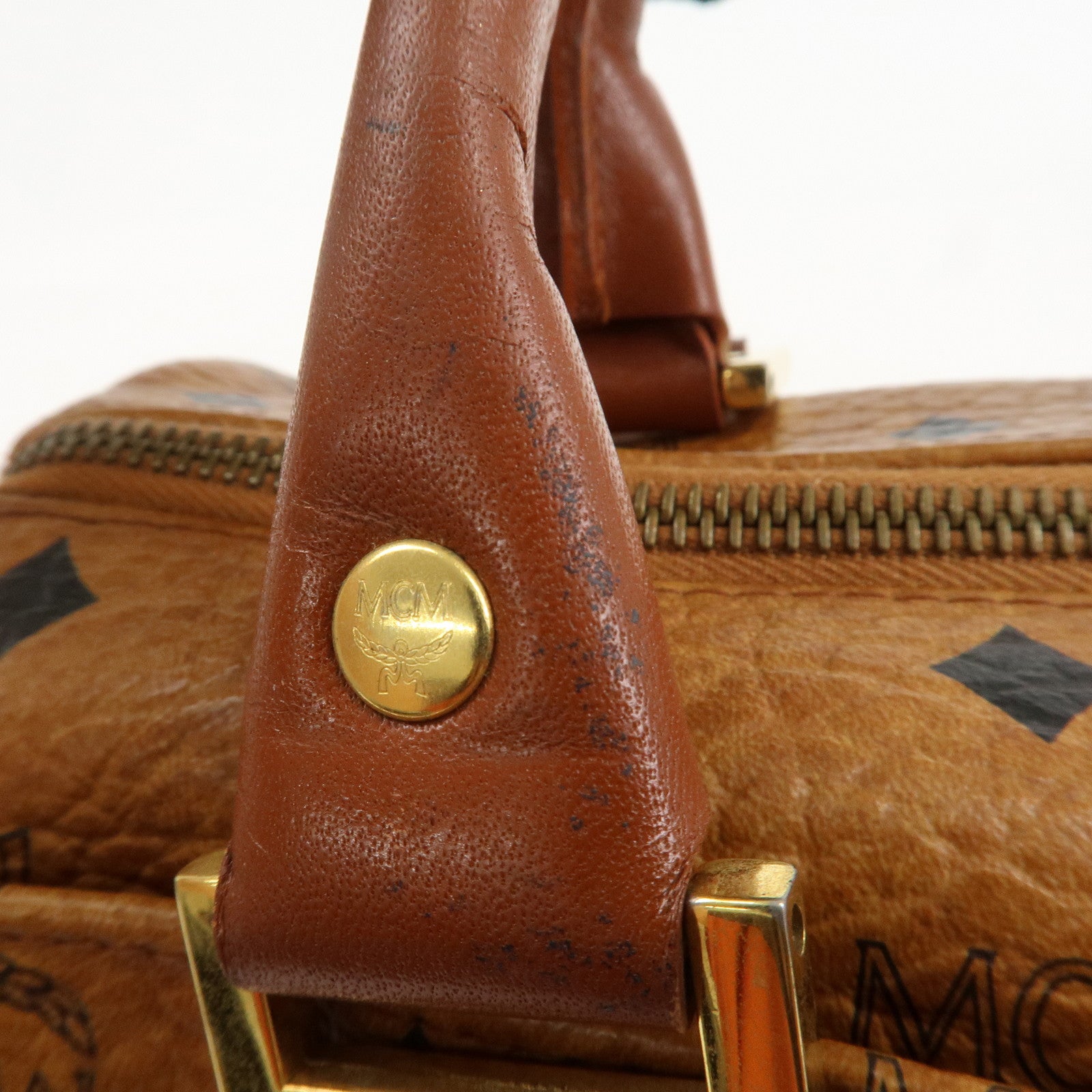 MCM Visetos Leather Boston Bag Hand Bag Brown Gold Hardware Used