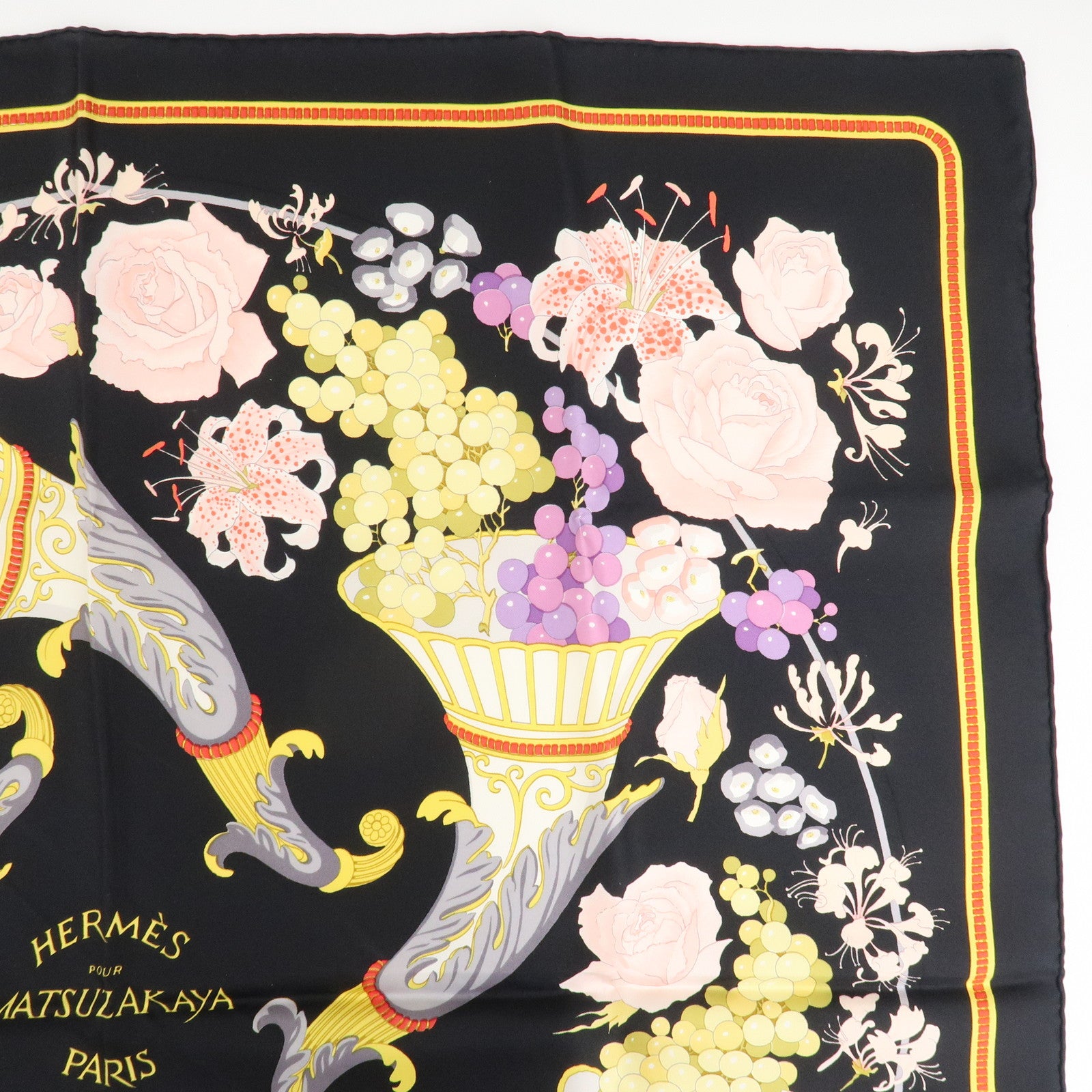 HERMES Carre 90 Silk 100% Scarf MATSUZAKAYA Black Multicolor Used