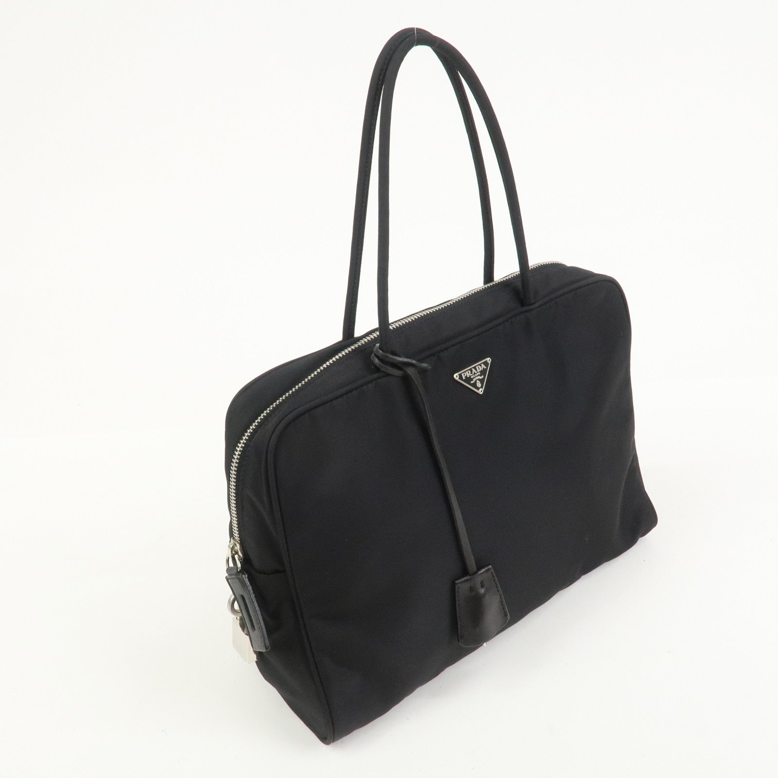 PRADA Triangle Logo Nylon Leather Hand Bag Black BN0531