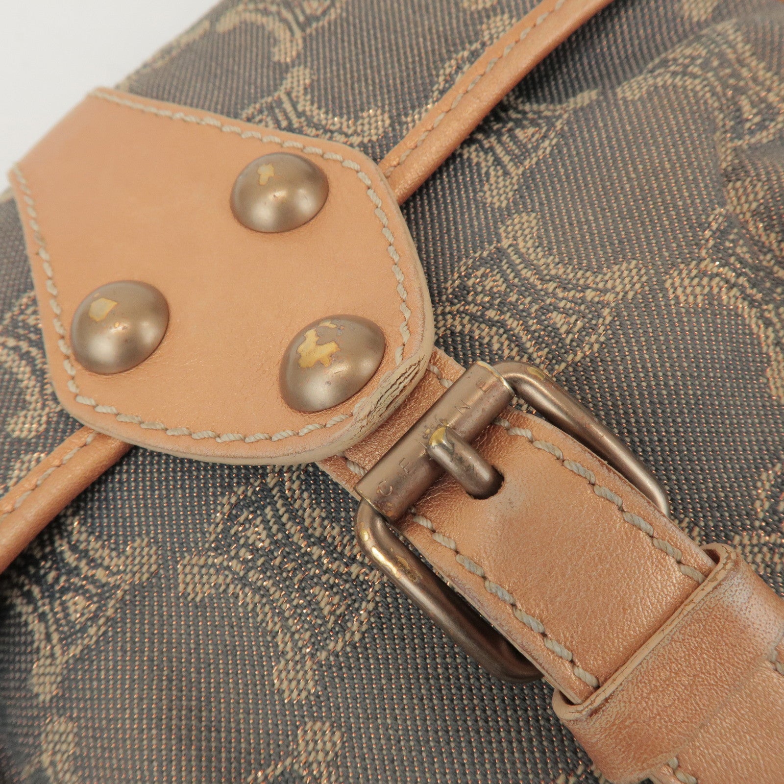 CELINE Macadam Denim Leather Shoulder Bag Metallic Pink Beige