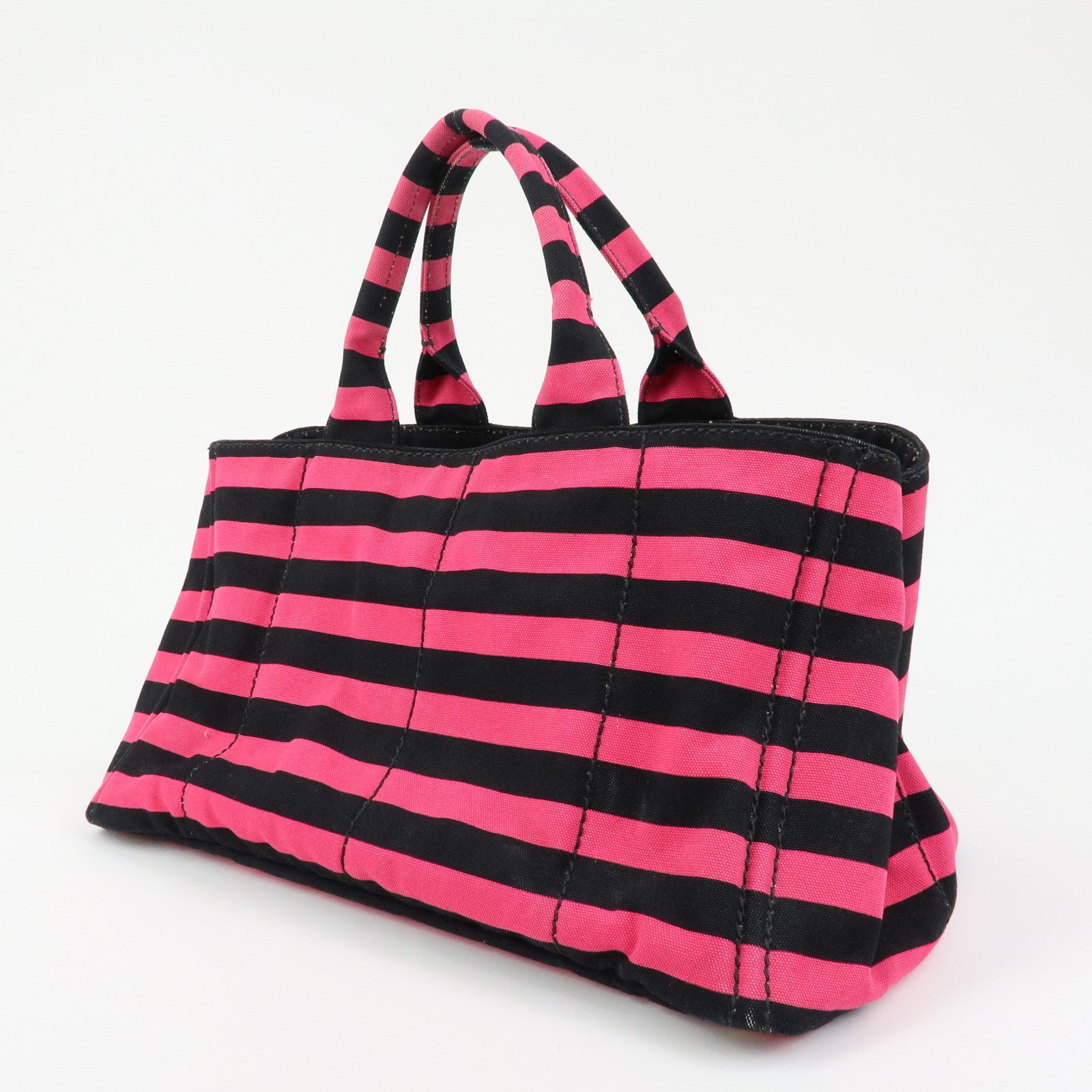 PRADA Canapa Large Triangle Logo Tote Bag Striped Pink Black B1872B