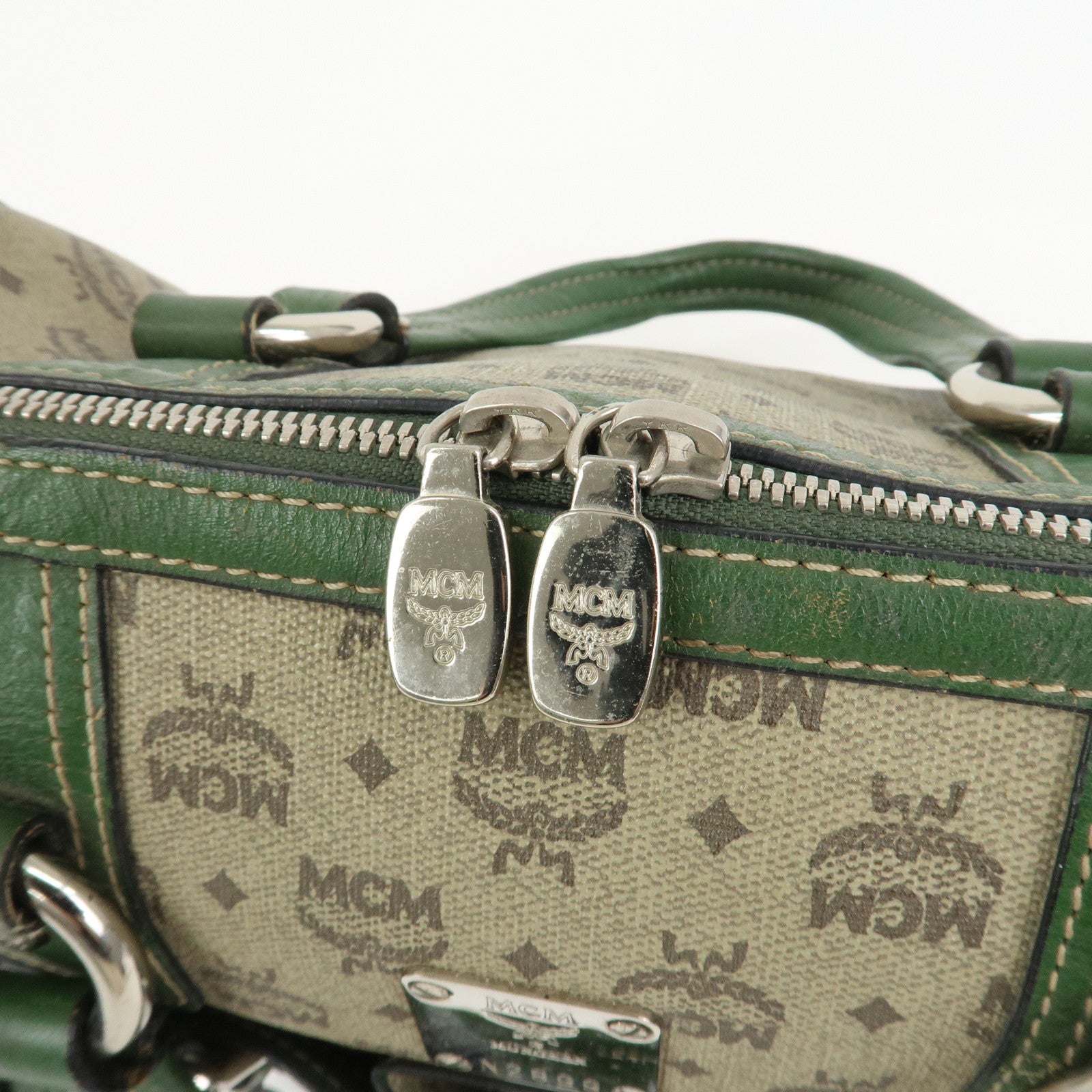 MCM Visetos PVC Coating Canvas Leather Boston Bag Beige Green