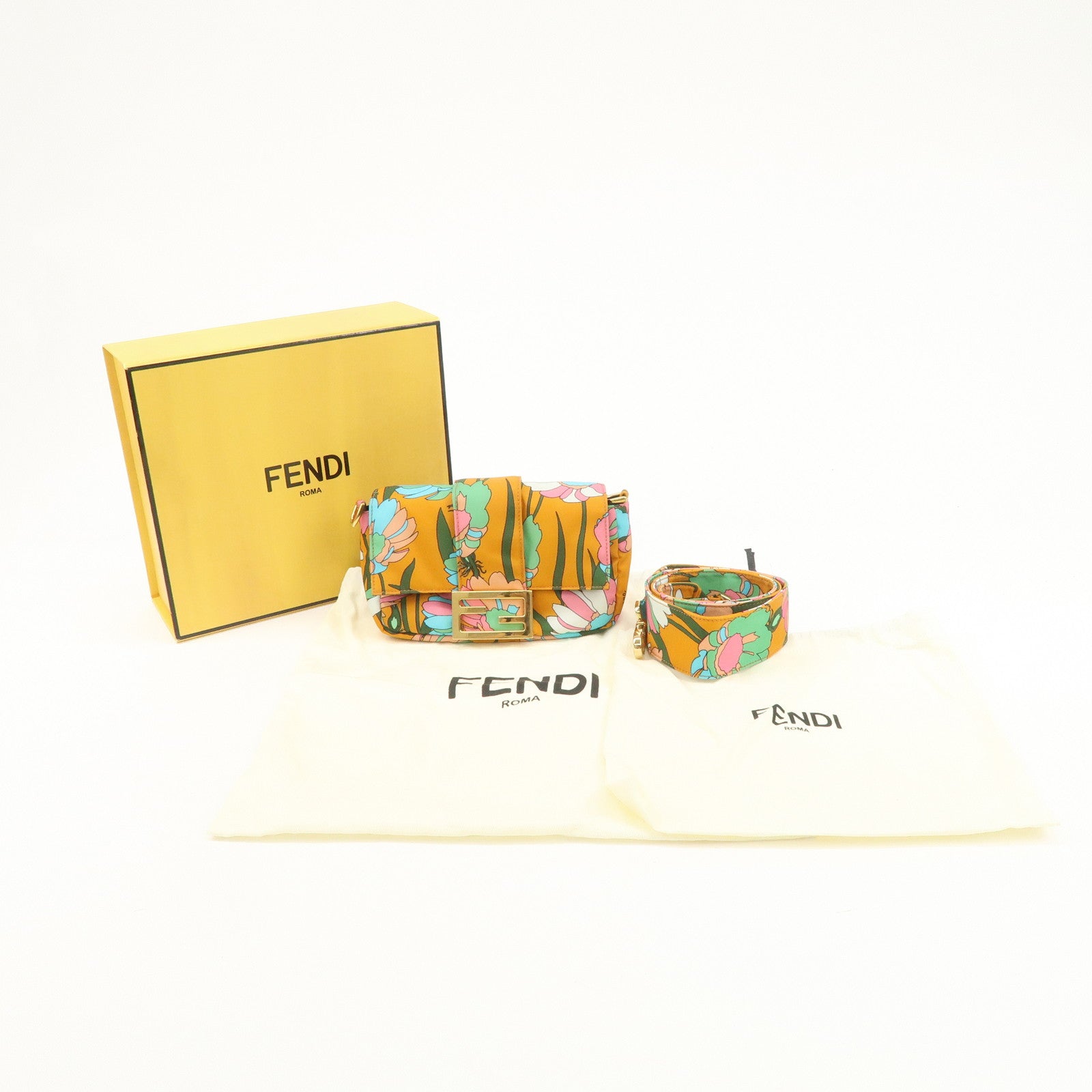 FENDI Bagguette Nylon 2Way Bag Waist Bag Orange Multi Color 8BR782 Used