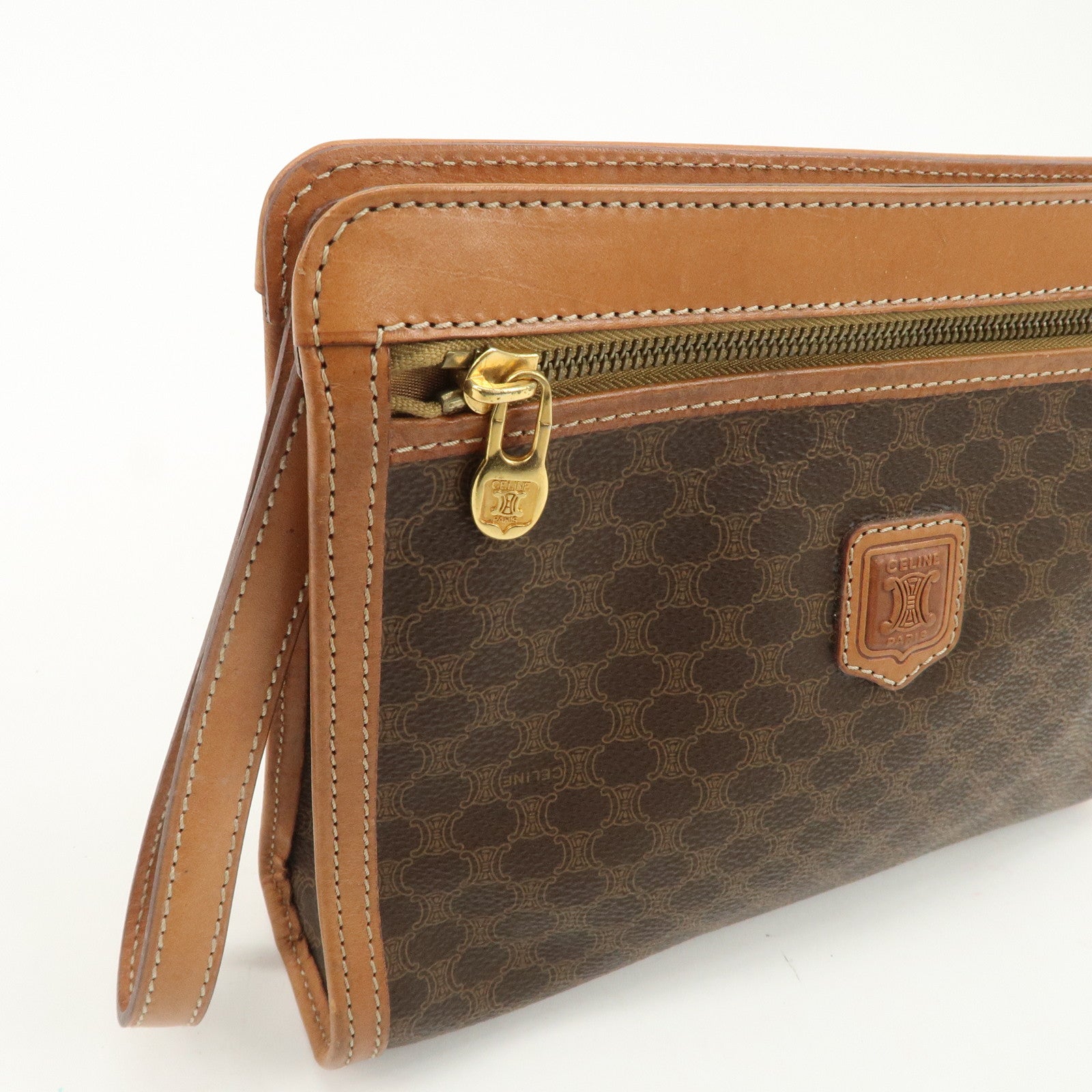 CELINE Macadam PVC Leather Clutch Bag Brown Gold HDW