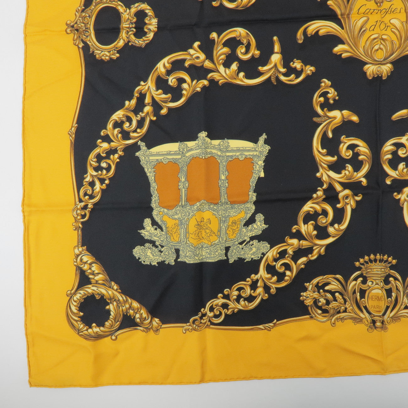 HERMES Carre 90 Silk 100% Scarf Carrosses d'Or Gold Black