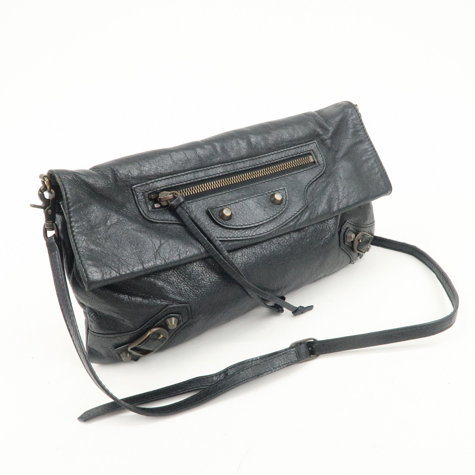 BALENCIAGA Leather Classic Envelope Shoulder Bag Black 319376