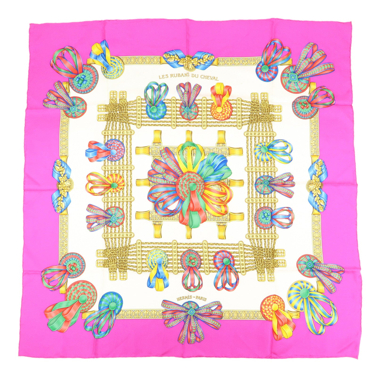 HERMES Carre 90 Silk 100% Scarf LES RUBANS DU CHEVAL Pink White