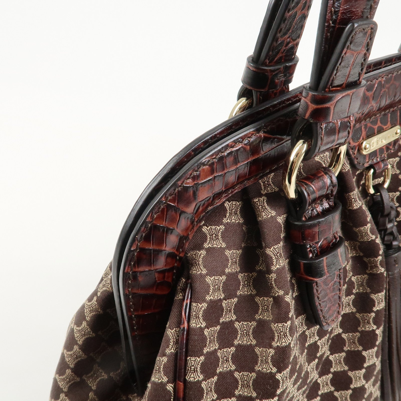 CELINE Macadam Canvas Emboss Leather Shoulder bag Dark Brown