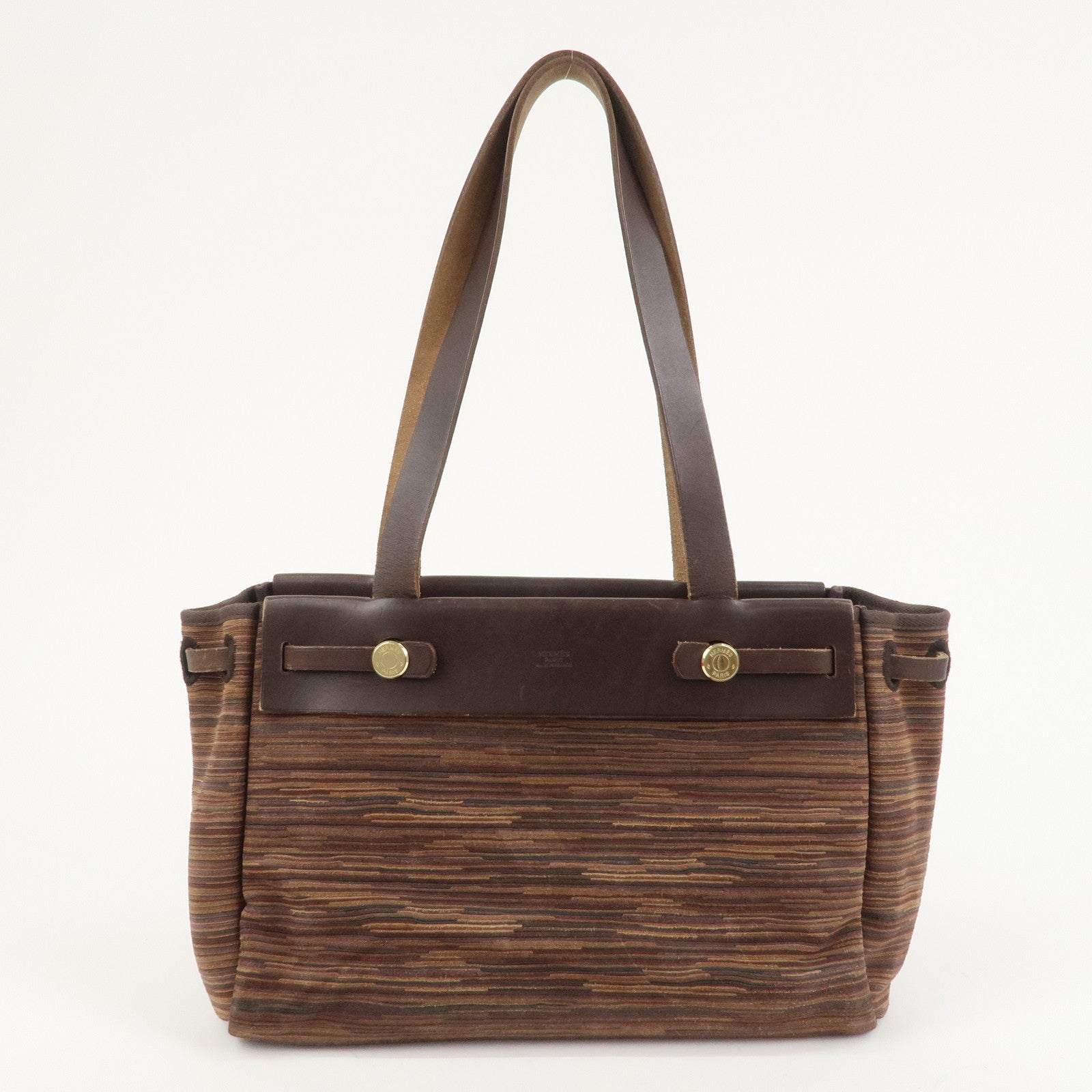 HERMES Cabas PM Airline Toile Officier Leather Shoulder Bag Brown