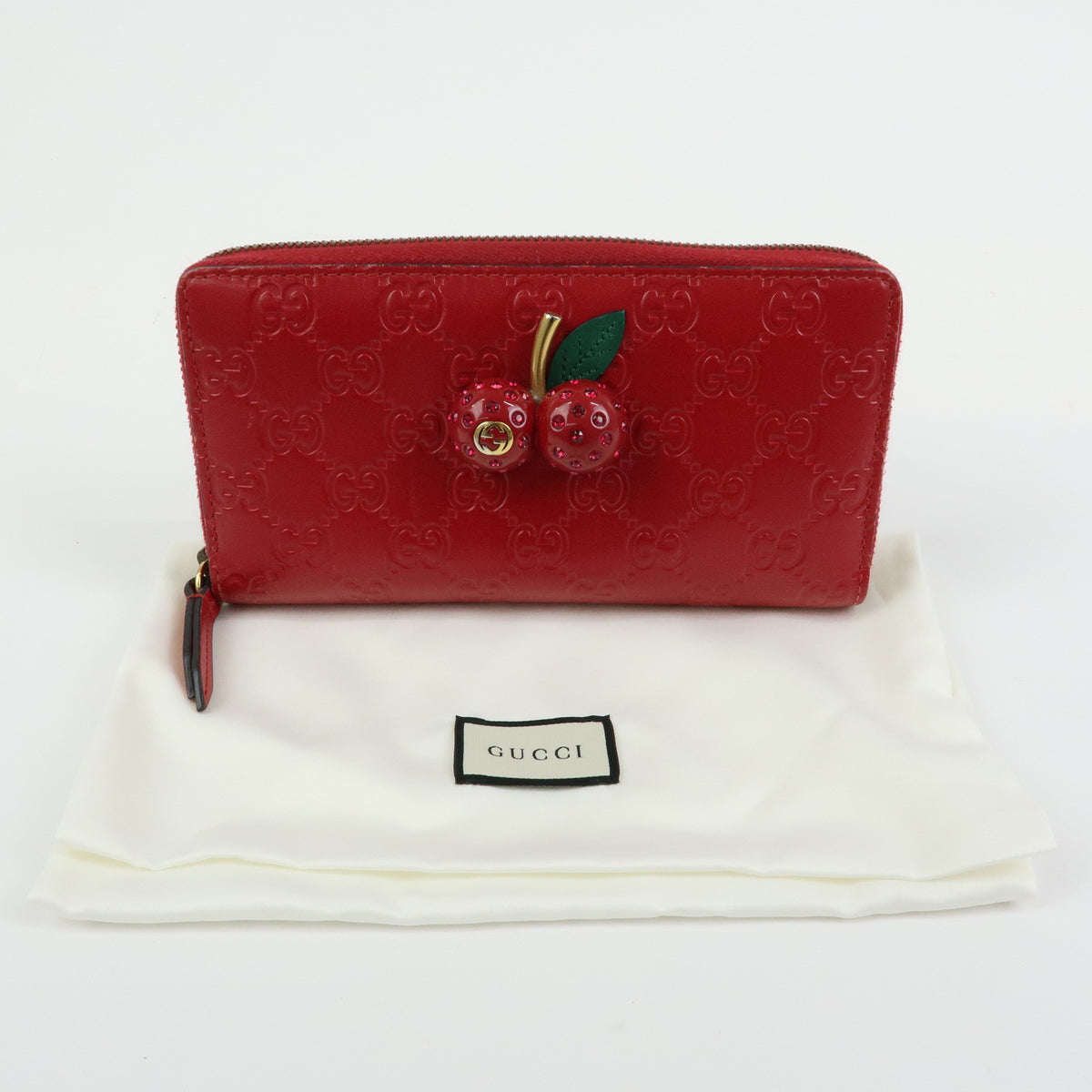 GUCCI Guccissima Leather Cherry Round Zippy Long Wallet Red 476049