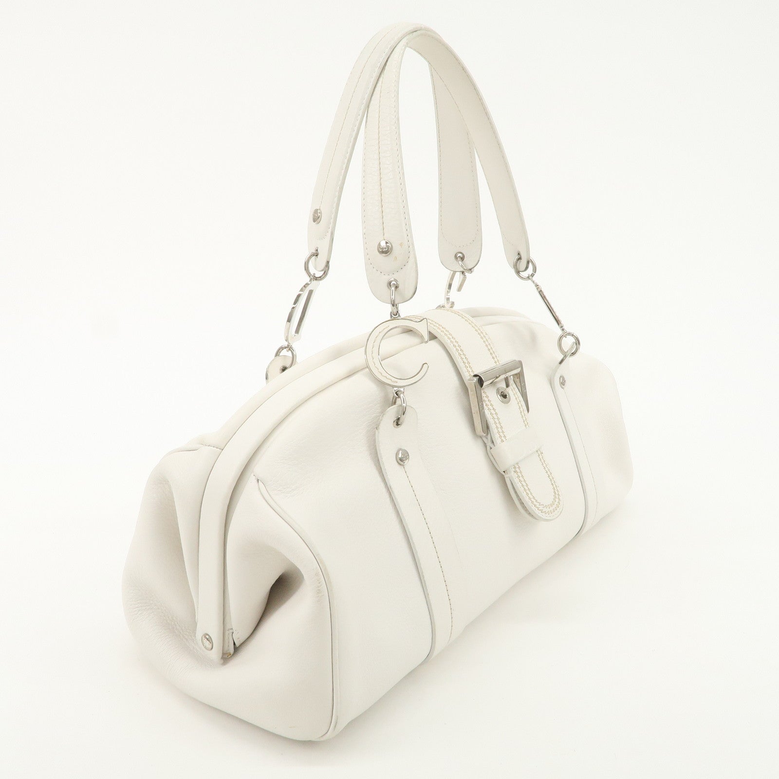 Christian Dior Logo Leather Hand Bag Boston Bag White