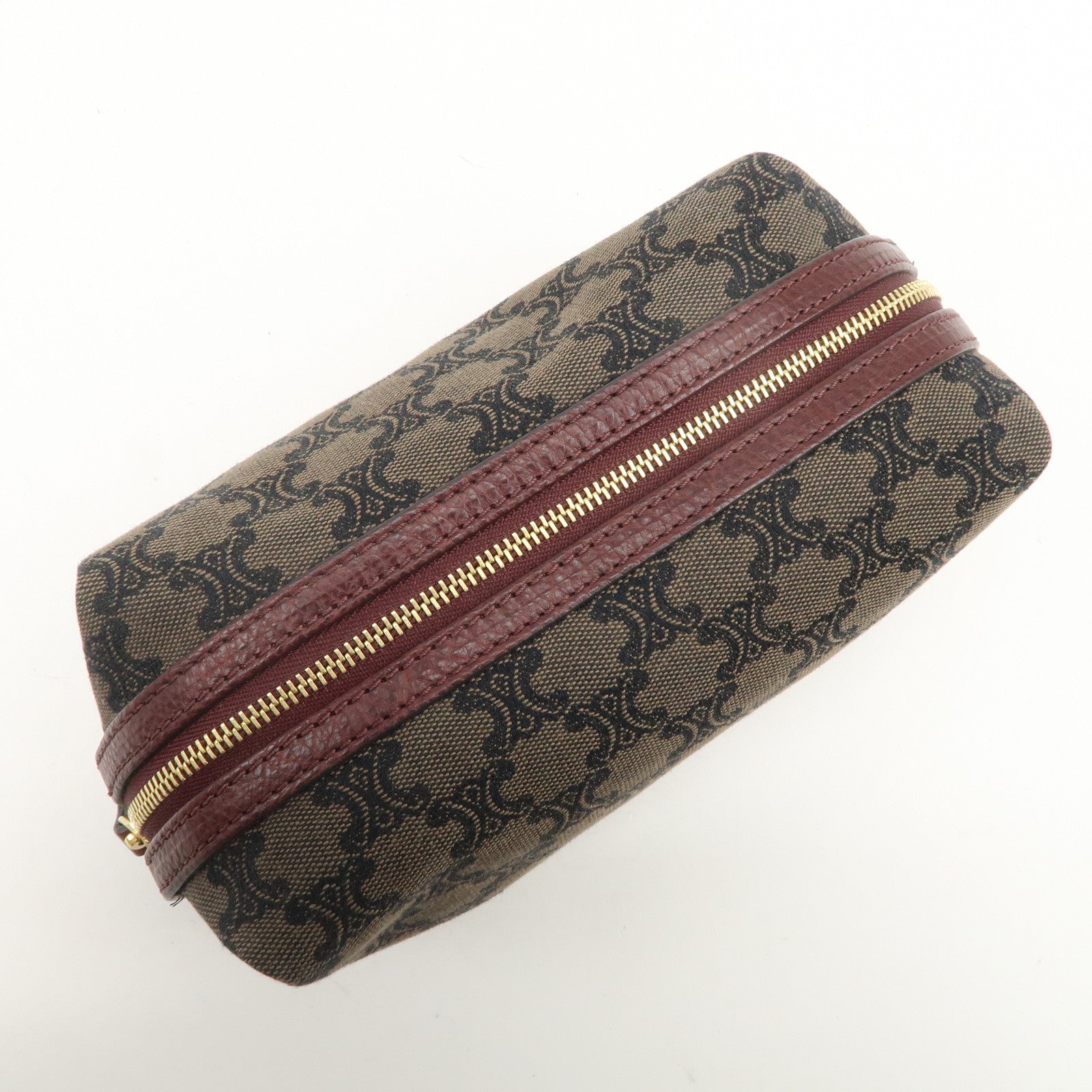 CELINE Macadam Canvas Leather Pouch Cosmetic Pouch Brown Wine Red