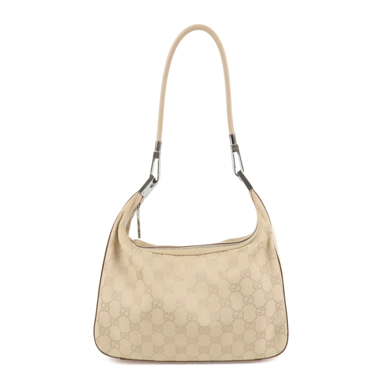 GUCCI GG Canvas Leather Shoulder Bag Beige Silver HDW 01233 Used