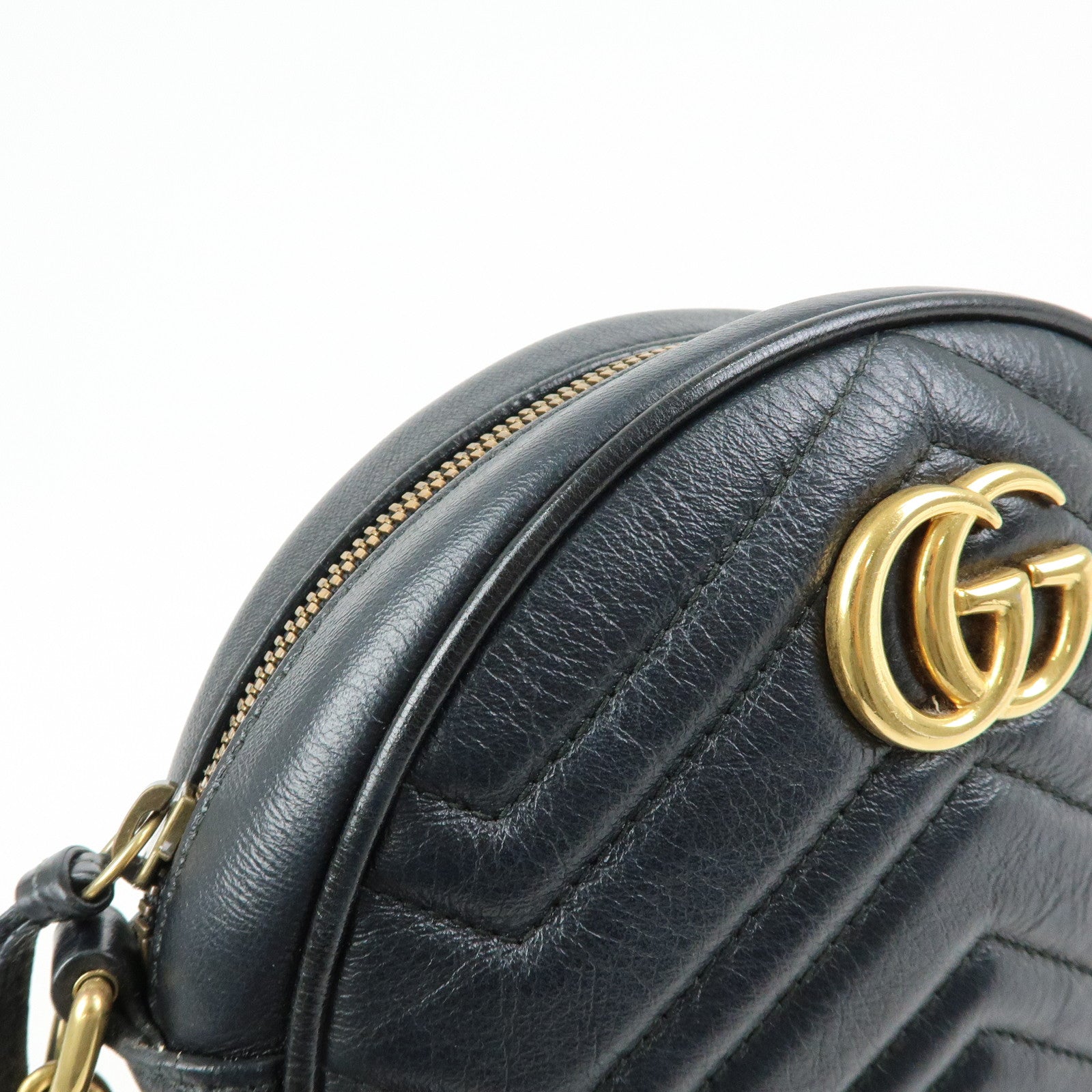GUCCI GG Marmont Leather Chain Shoulder Round Bag Black 550154