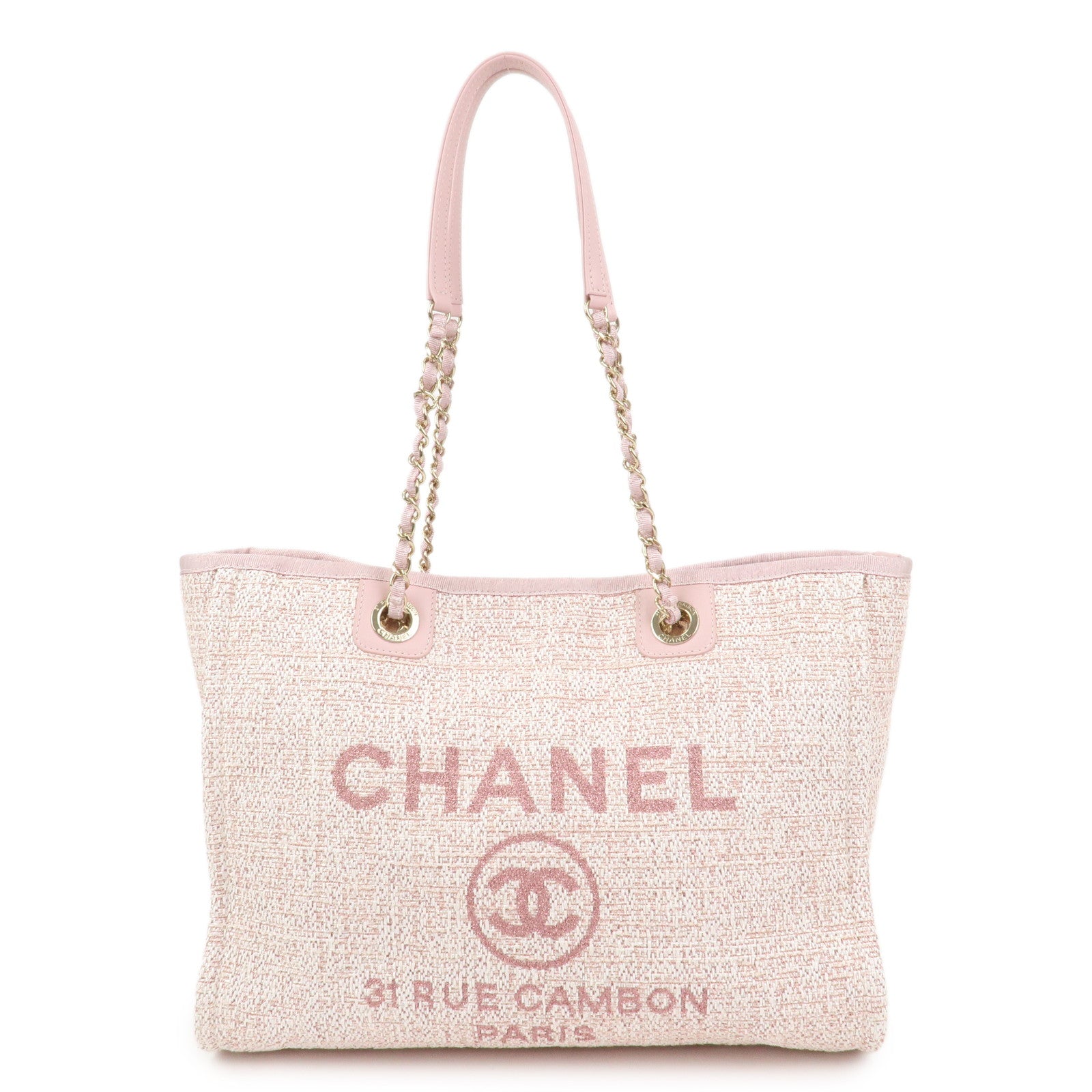 CHANEL Tweed Leather Deauville MM Shoulder Bag Tote Bag Pink