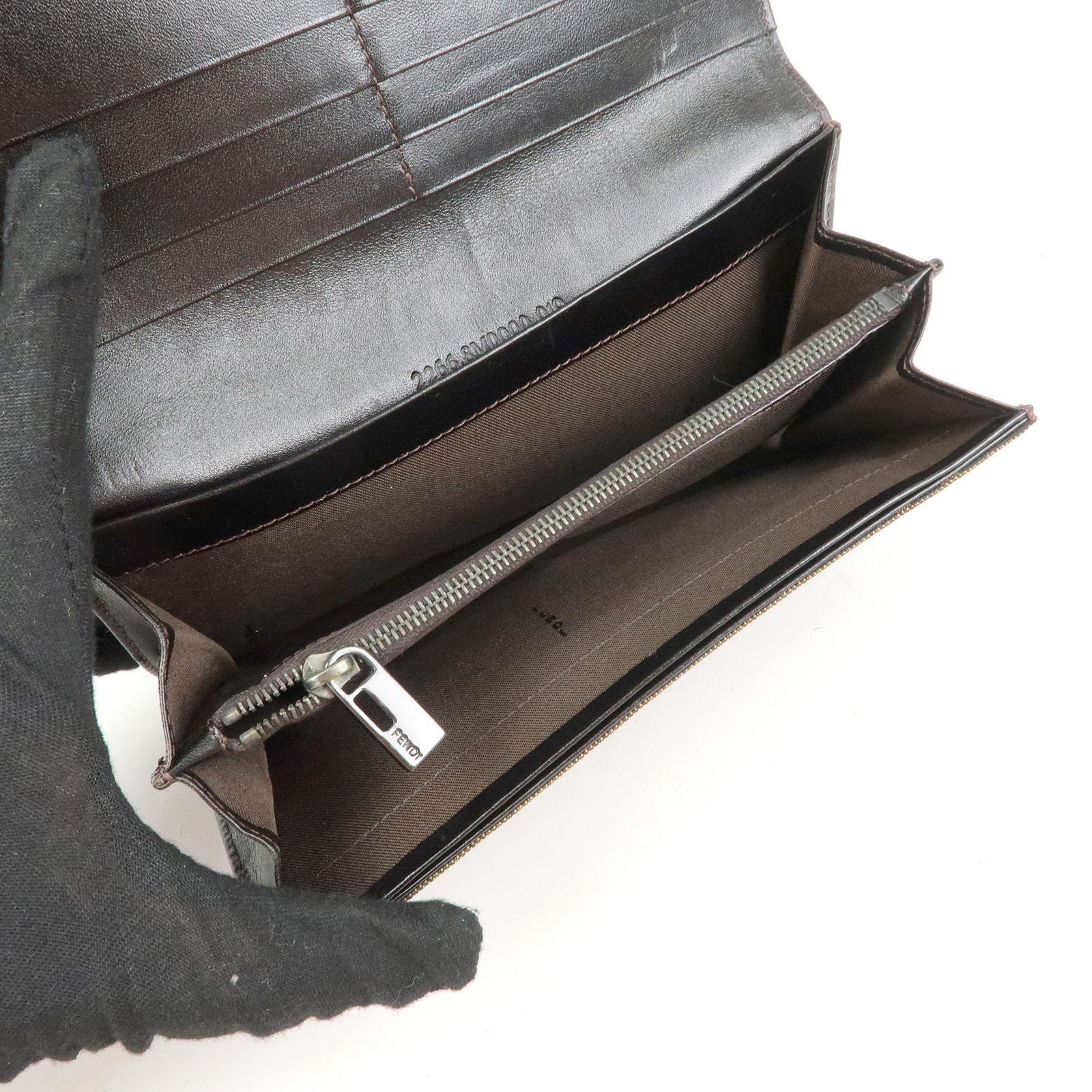 FENDI Zucca Canvas Leather Bi-Fold Long Wallet Black Brown 8M0000