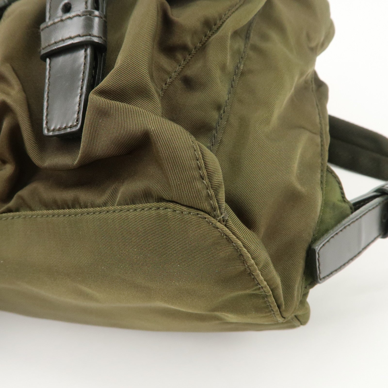 PRADA Triangle Logo Nylon Leather Backpack Ruck Sack Khaki B6677 Used