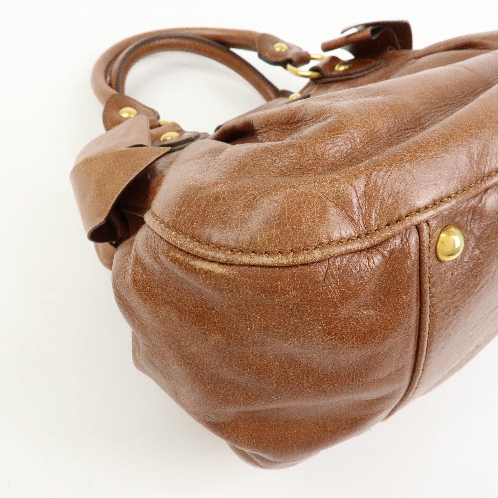 MIU MIU Leather 2Way Bag Hand Bag Shoulder Bag Side Ribbon Brown