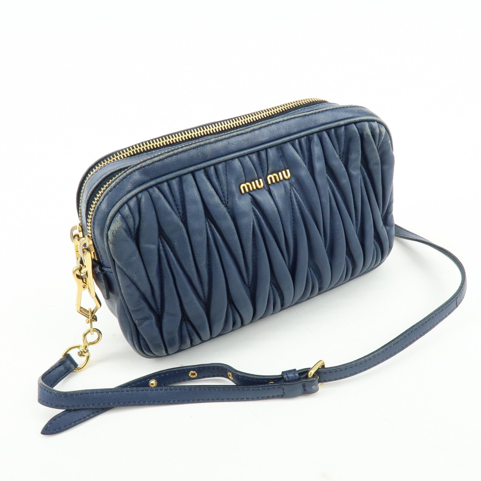 MIU MIU Matelasse Leather Gathered Shoulder Bag Crossbody Bag Navy