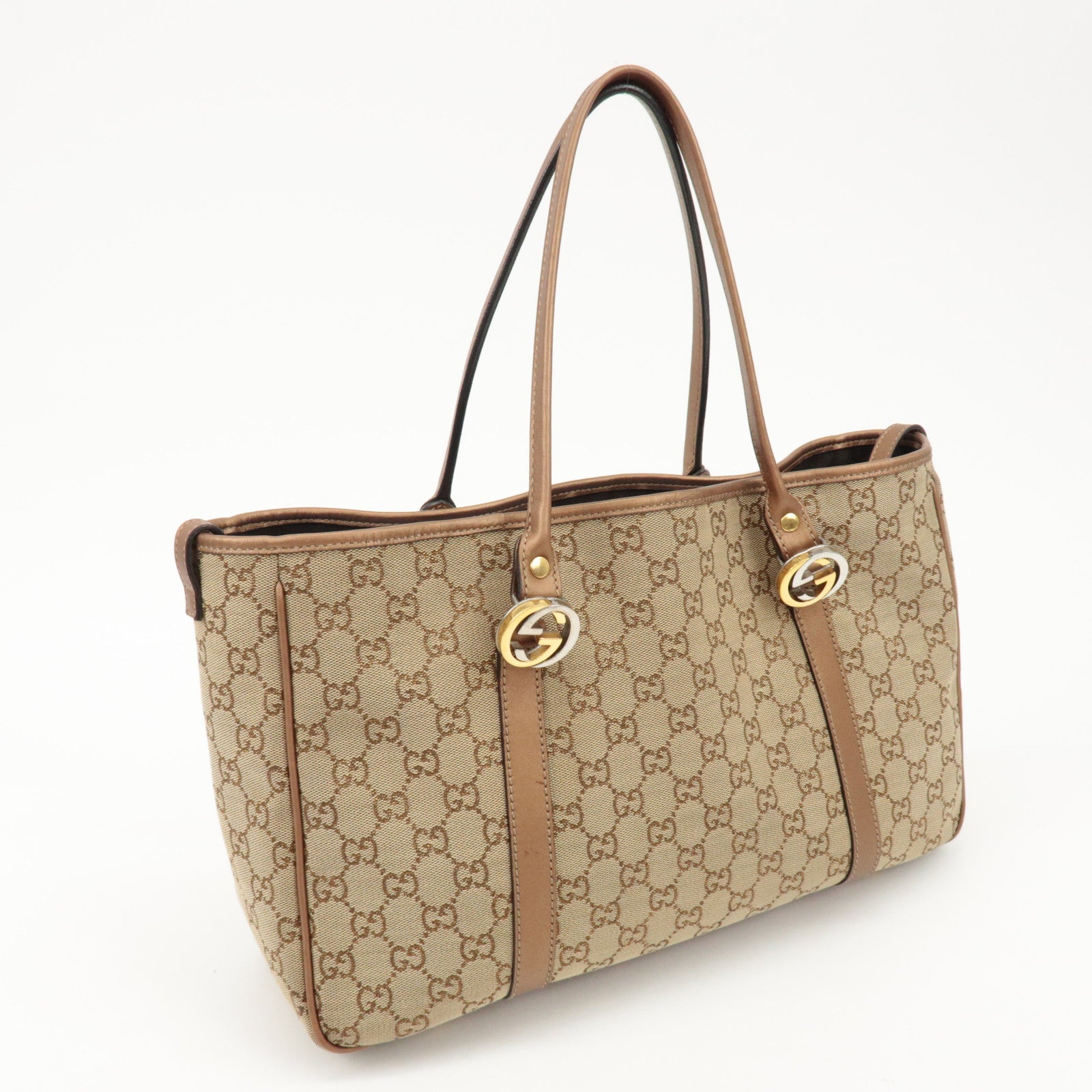 GUCCI GG Twins GG Canvas Leather Tote Bag Beige Bronze 232957 Used
