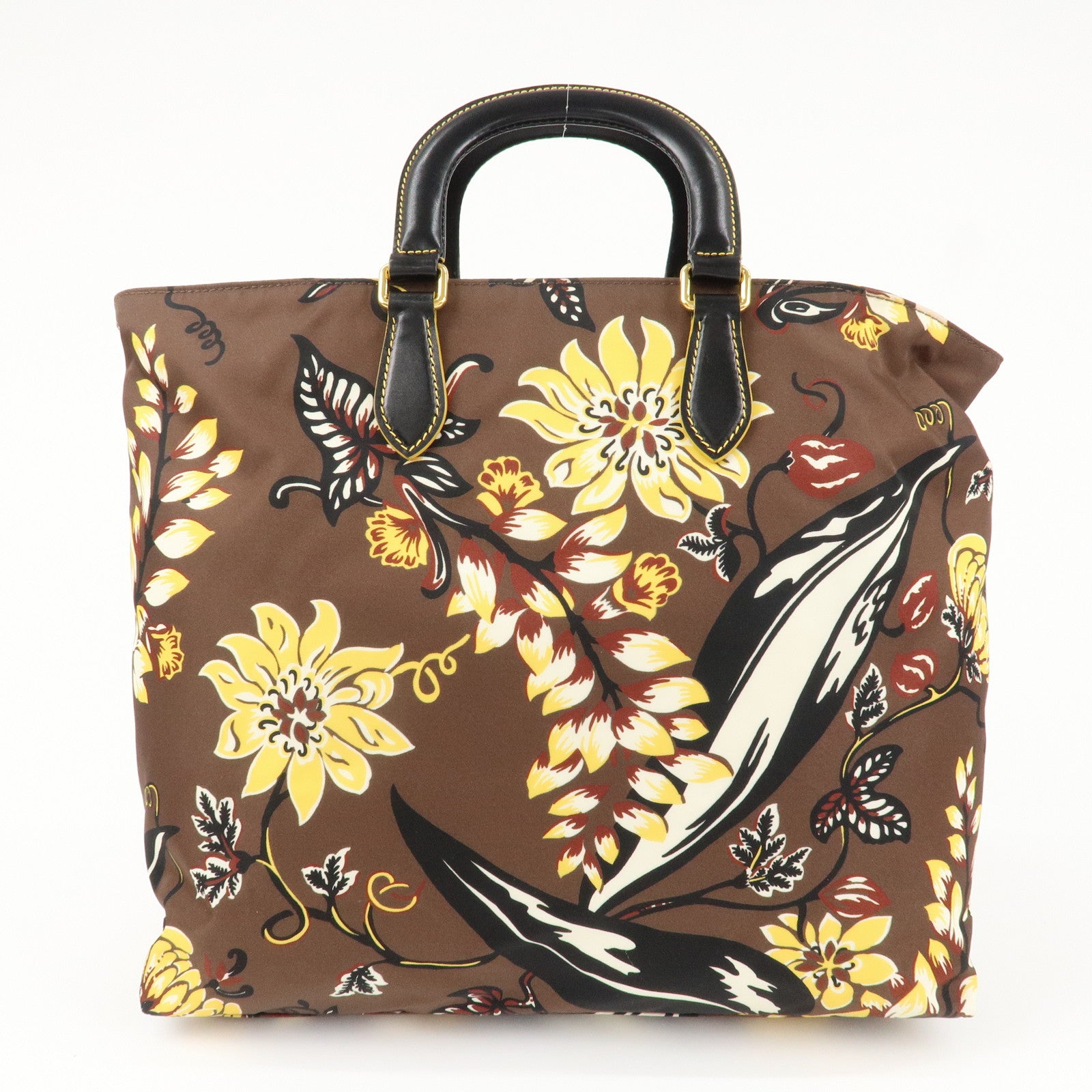 PRADA Triangle Logo Nylon Leather 2Way Bag Shoulder Bag Hand Bag Floral Print Brown Yellow BN2741 Used